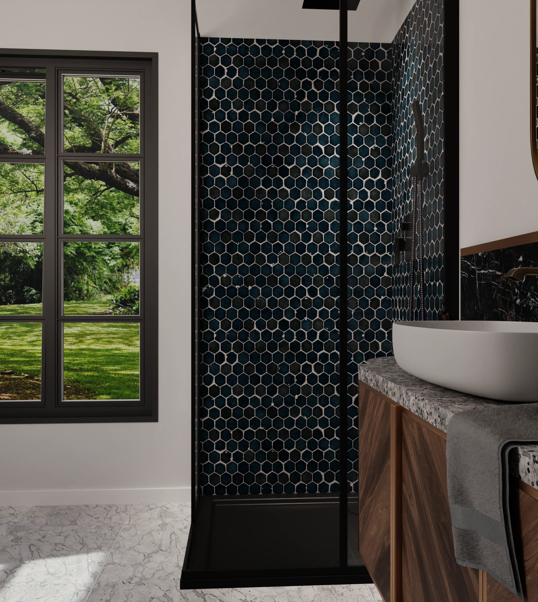 Duschrückwand - Hexagon-Mosaik Tiefblau – Bild 6