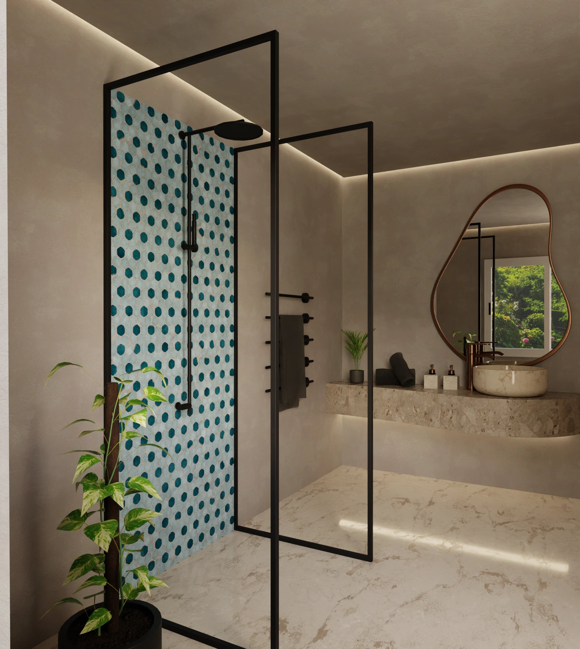 Duschrückwand - Hexagon-Mosaik Aqua-Petrol – Bild 2
