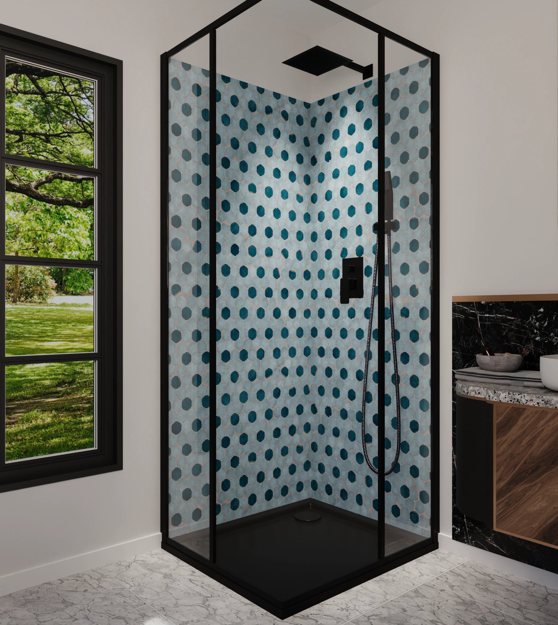 Duschrückwand - Hexagon-Mosaik Aqua-Petrol – Bild 5
