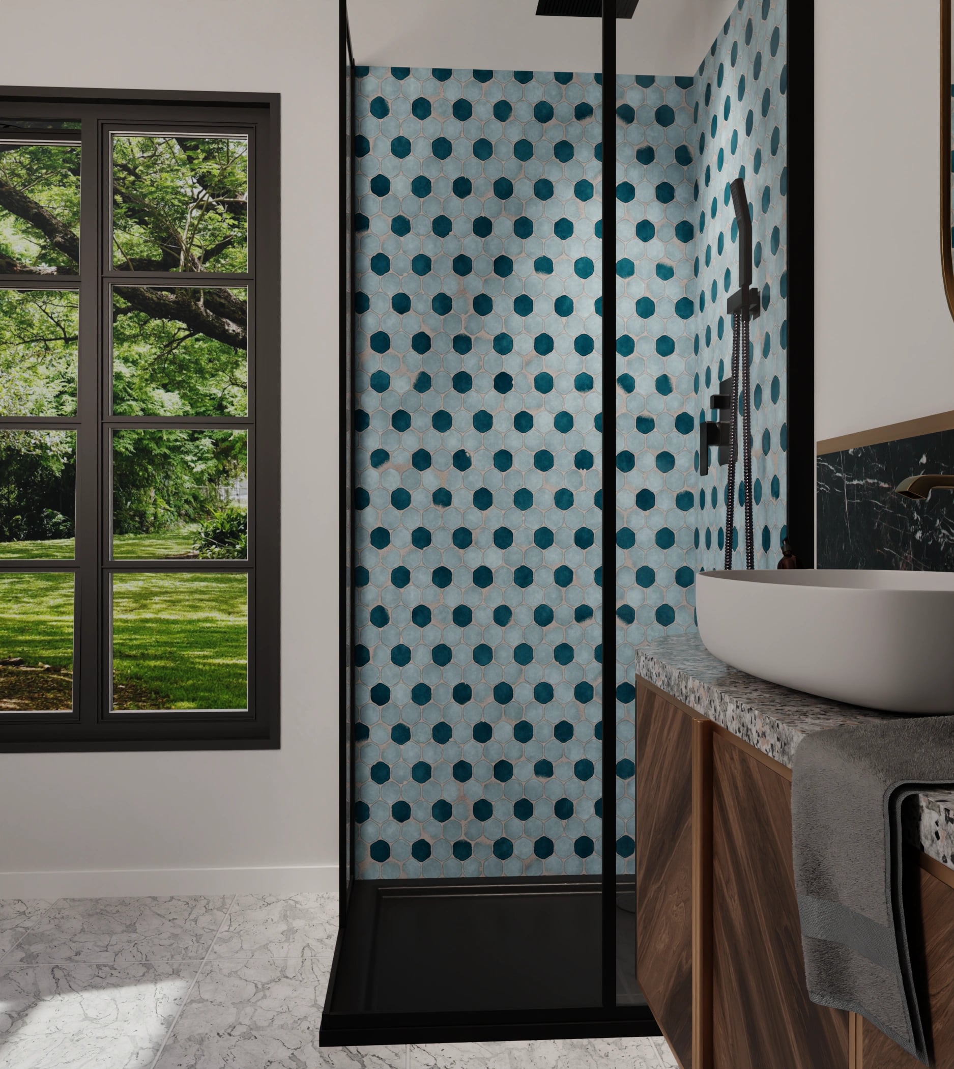 Duschrückwand - Hexagon-Mosaik Aqua-Petrol – Bild 6