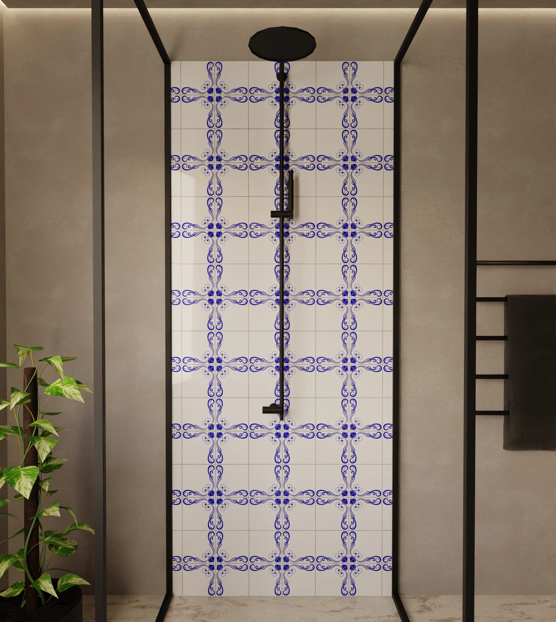 Duschrückwand - Azulejo Schnörkel Kobalt