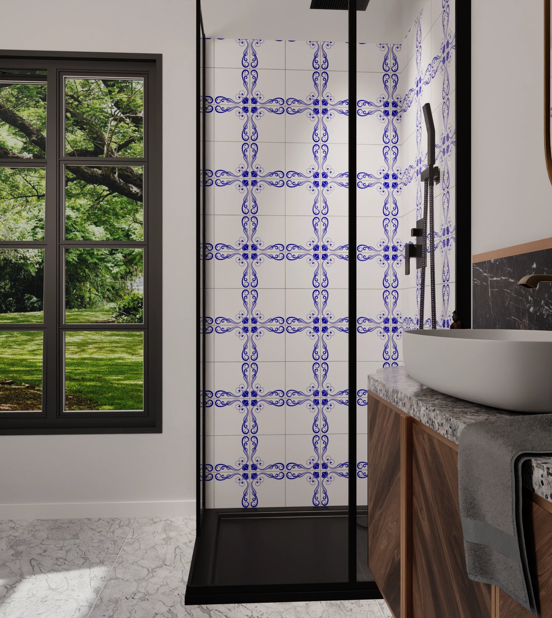 Duschrückwand - Azulejo Schnörkel Kobalt – Bild 6