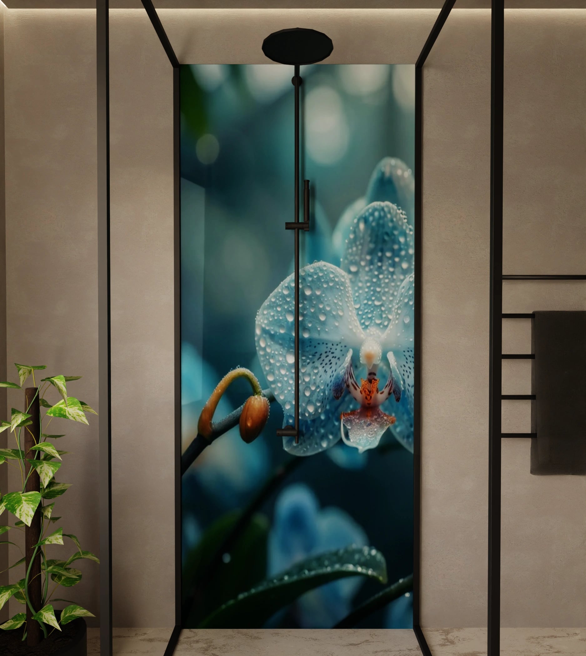 Duschrückwand - Orchidee Blau Regentropfen – Bild 1