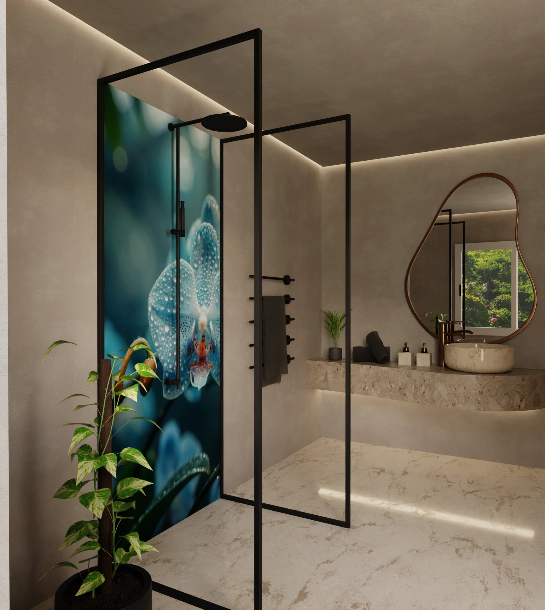 Duschrückwand - Orchidee Blau Regentropfen – Bild 2