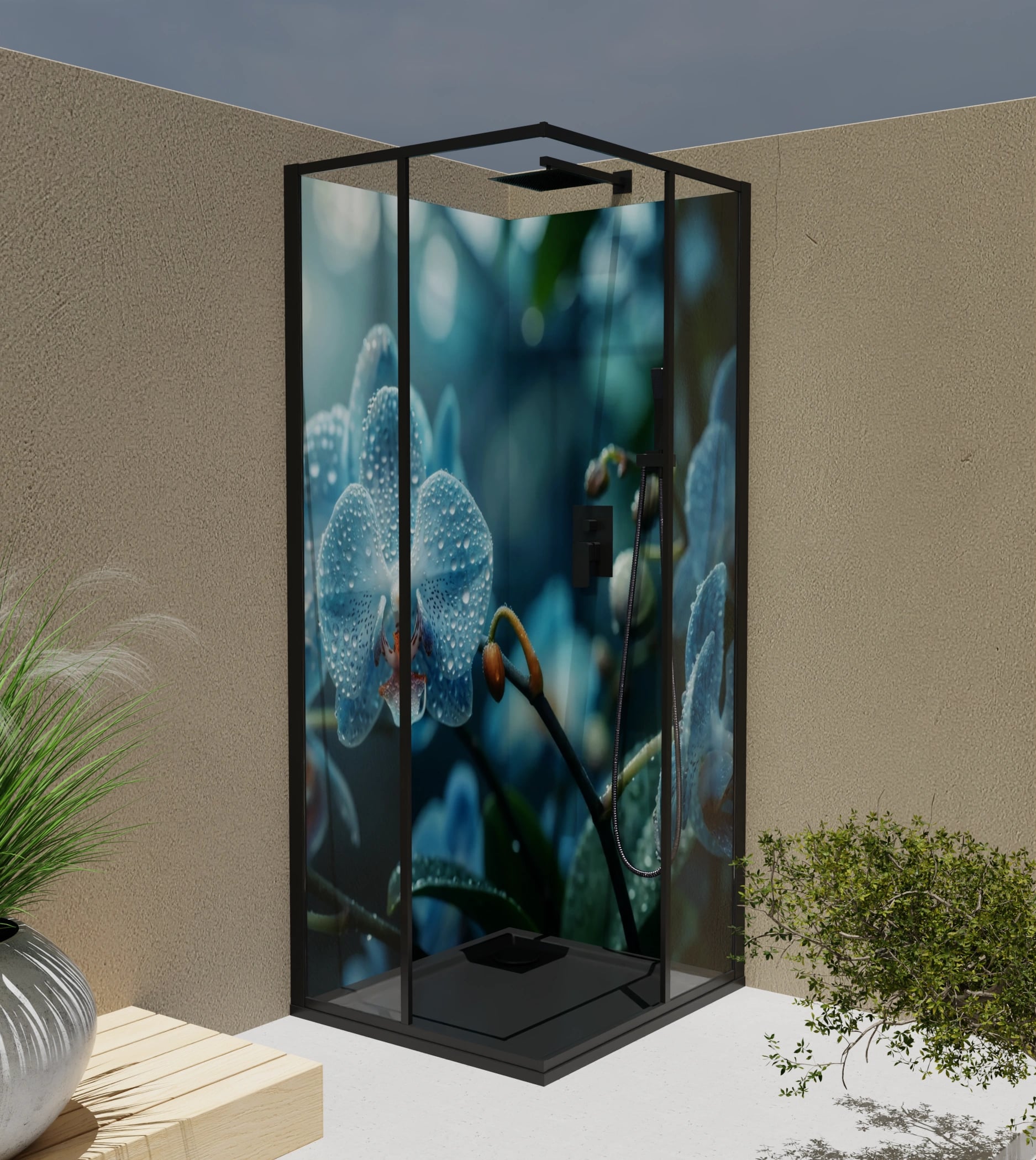 Duschrückwand - Orchidee Blau Regentropfen – Bild 4