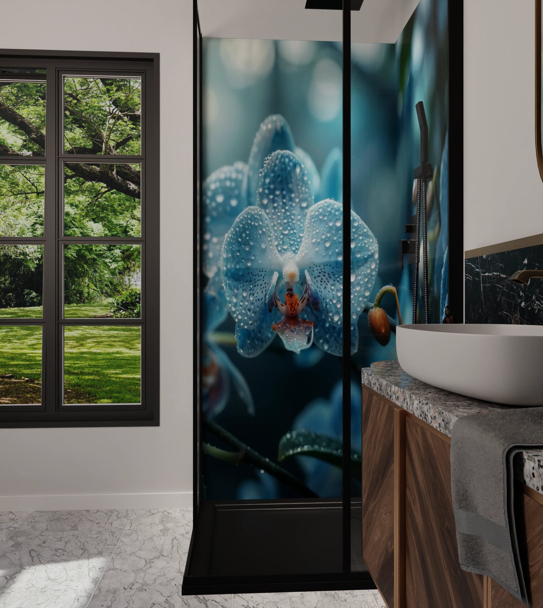 Duschrückwand - Orchidee Blau Regentropfen – Bild 6