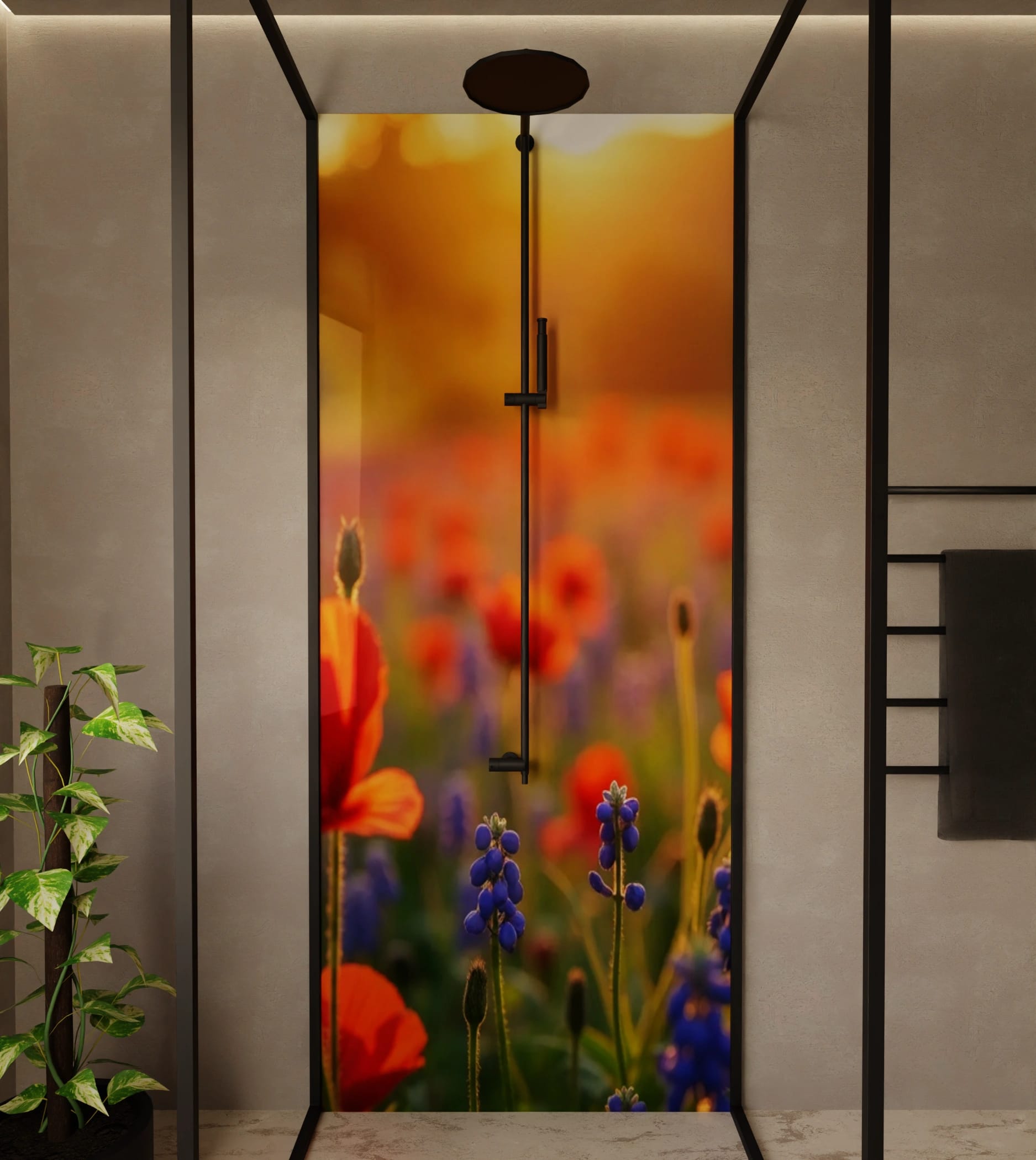 Duschrückwand - Mohnblumen Traubenhyazinthen Abendlicht