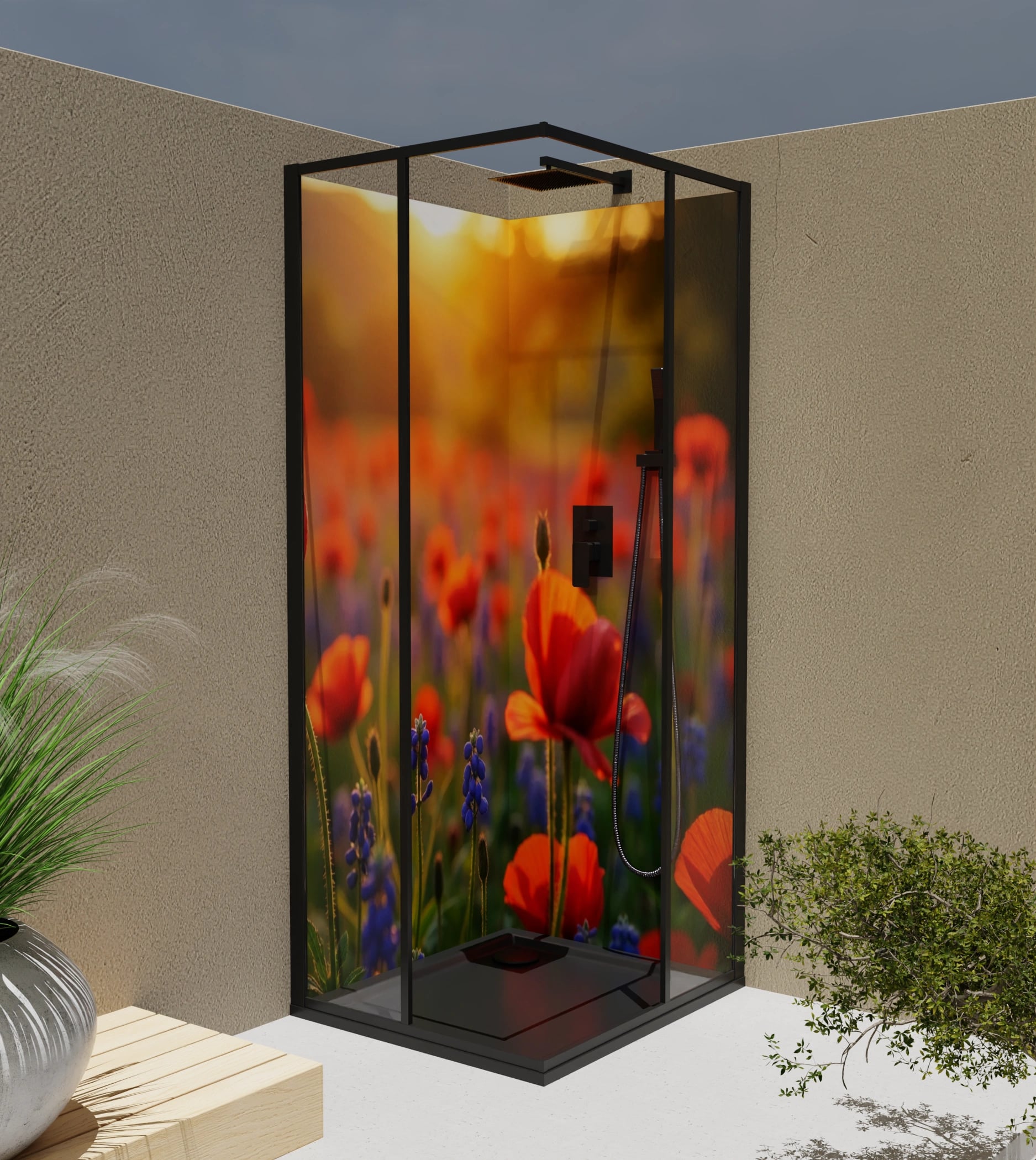 Duschrückwand - Mohnblumen Traubenhyazinthen Abendlicht – Bild 4