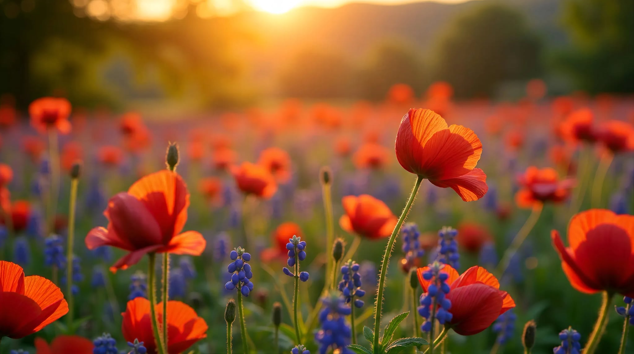 Duschrückwand - Mohnblumen Traubenhyazinthen Abendlicht – Bild 5