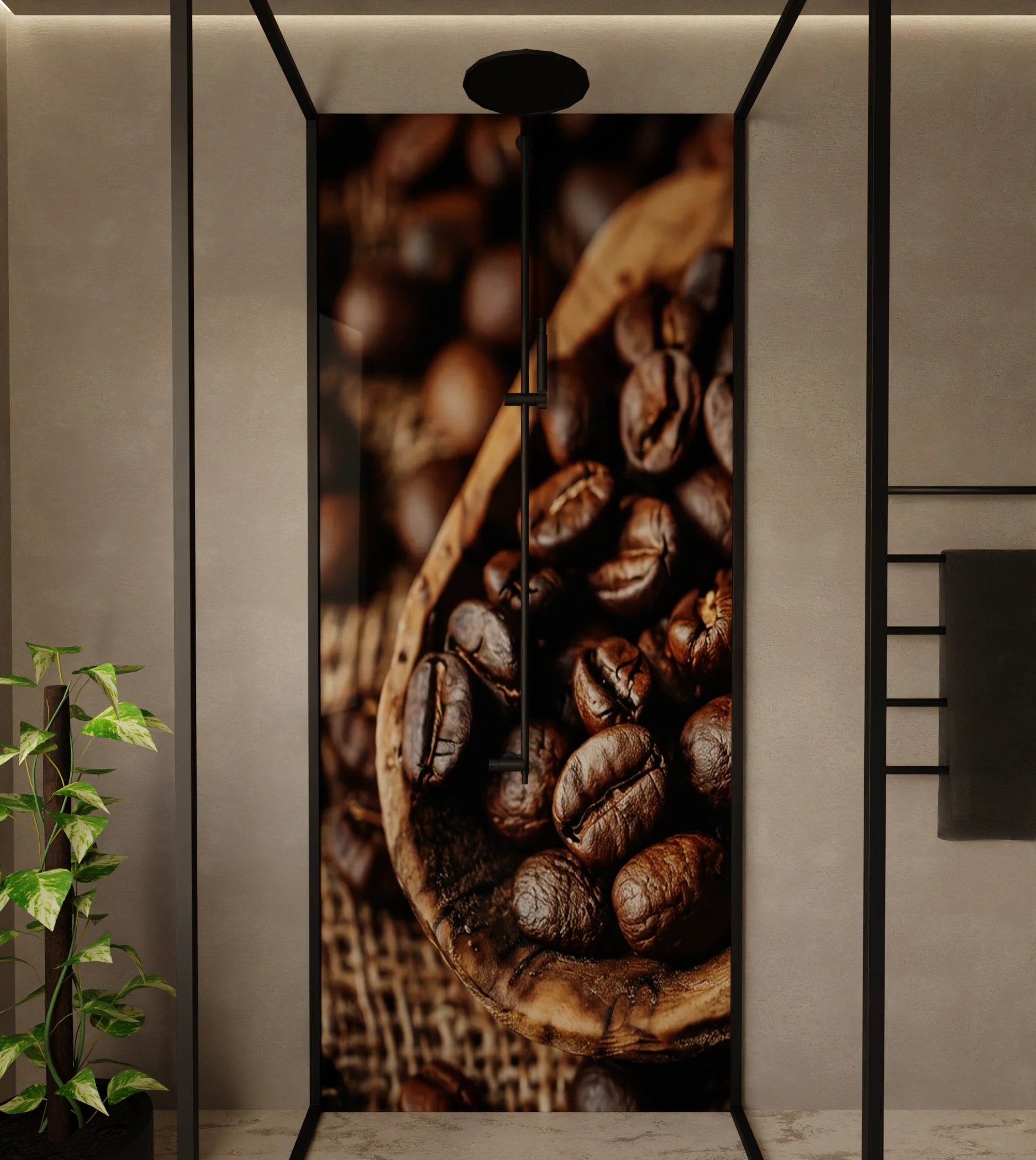 Duschrückwand - Kaffeebohnen Holzlöffel Jute – Bild 1
