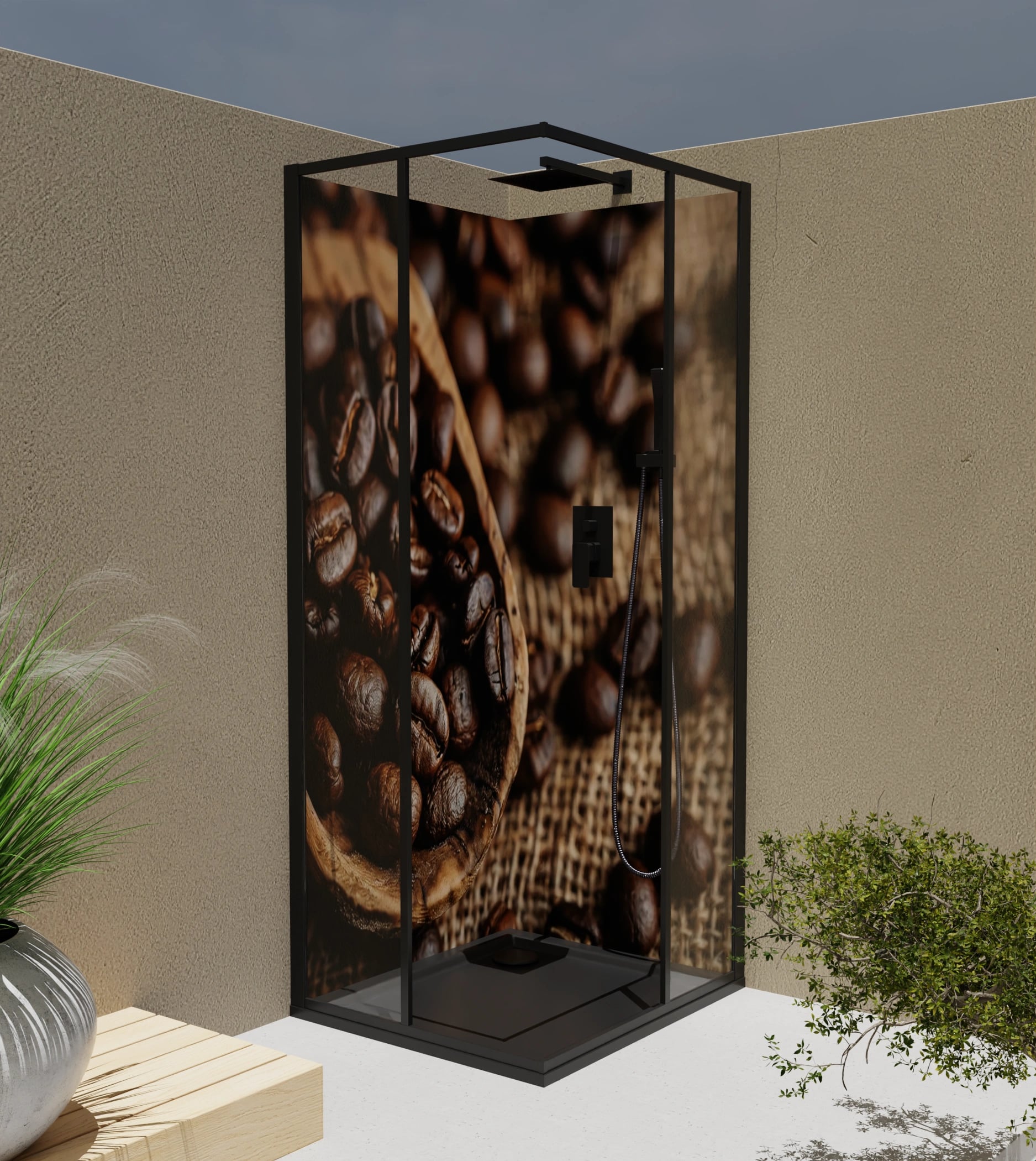 Duschrückwand - Kaffeebohnen Holzlöffel Jute – Bild 4