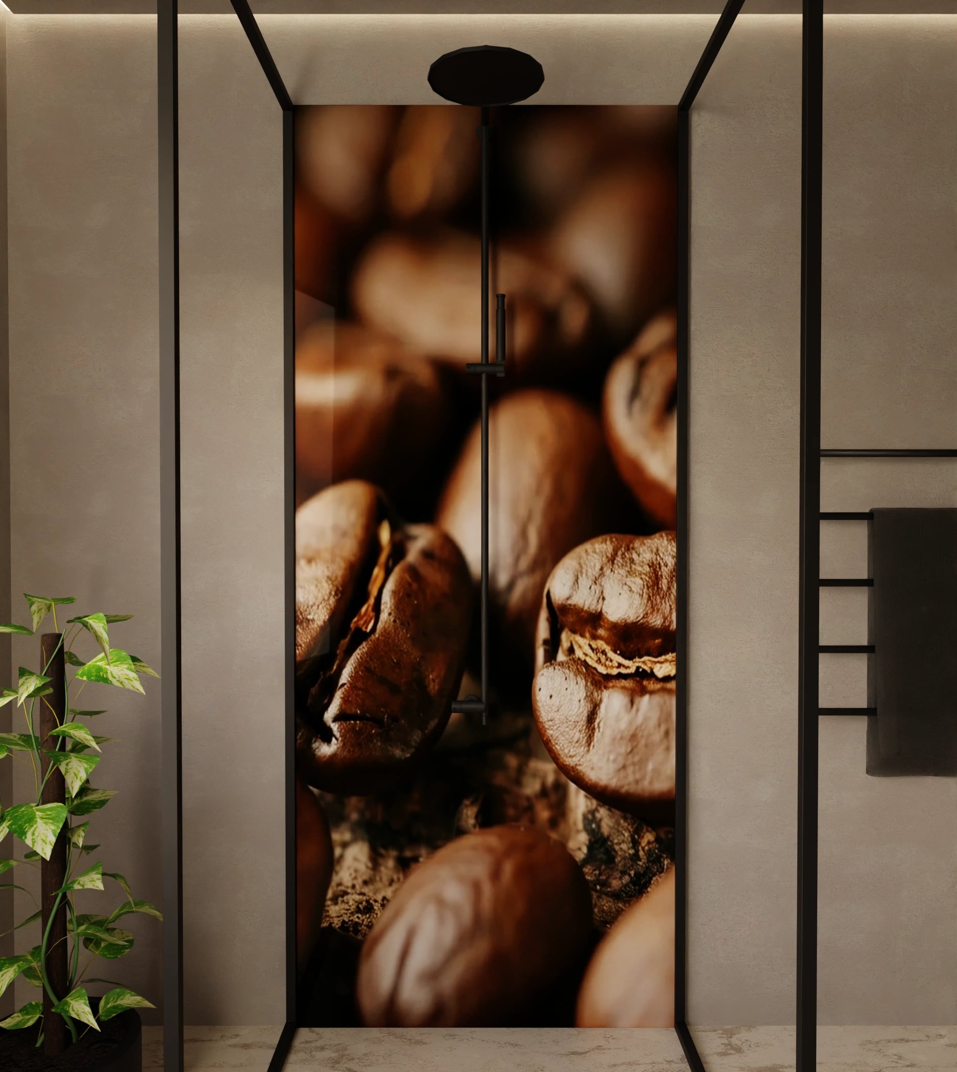Duschrückwand - Kaffeebohnen Nahaufnahme Holz – Bild 1