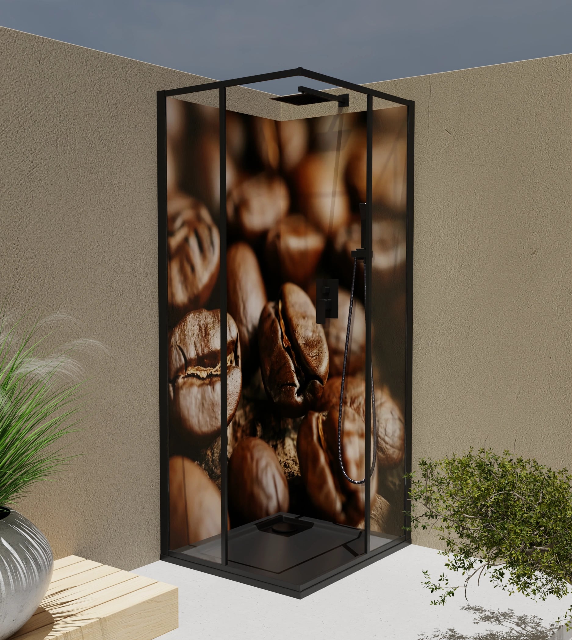 Duschrückwand - Kaffeebohnen Nahaufnahme Holz – Bild 4
