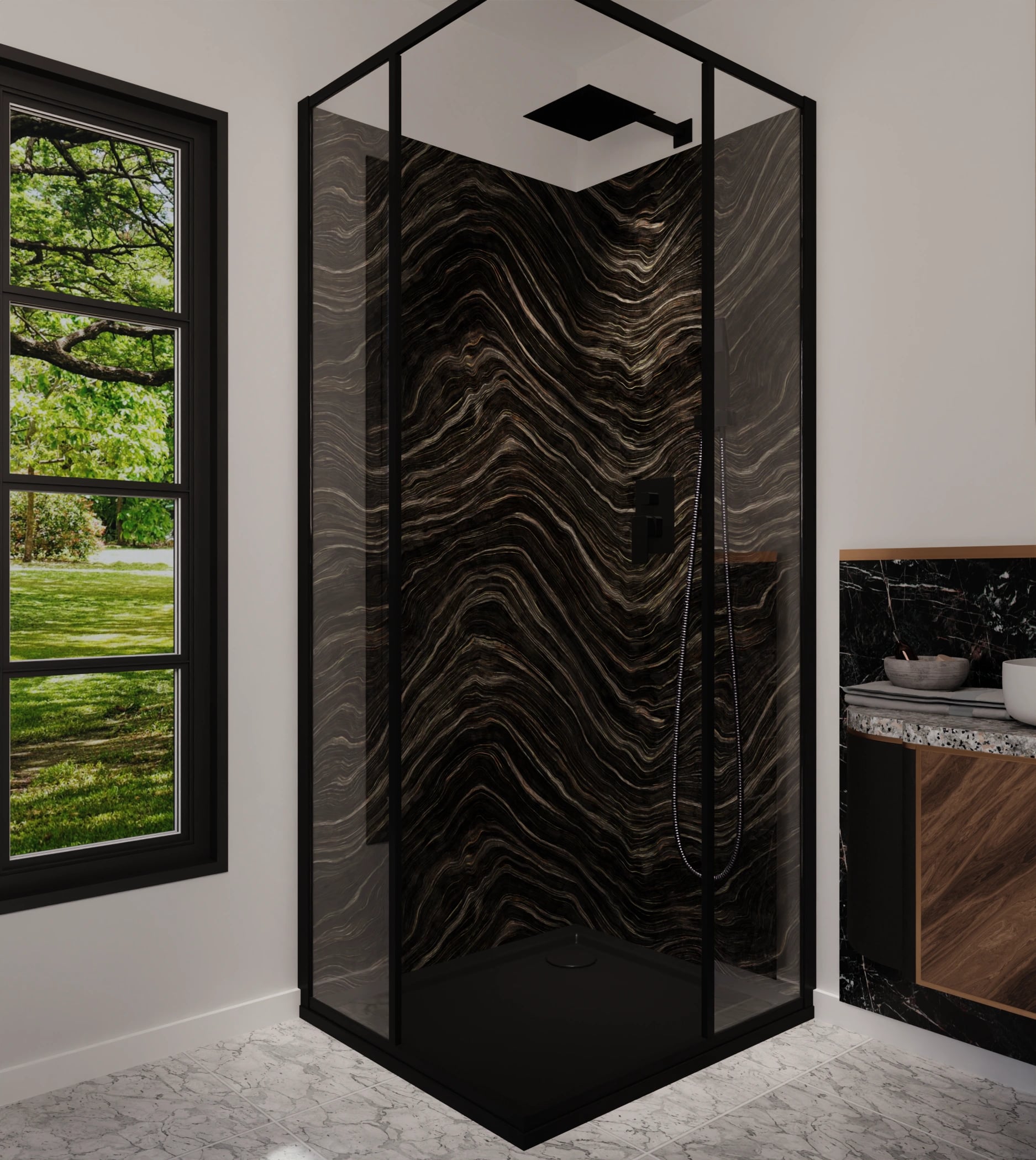 Duschrückwand - Onyx Schwarz-Gold – Bild 5