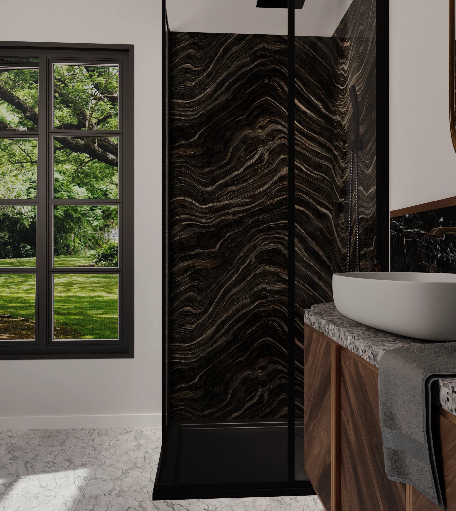 Duschrückwand - Onyx Schwarz-Gold – Bild 6