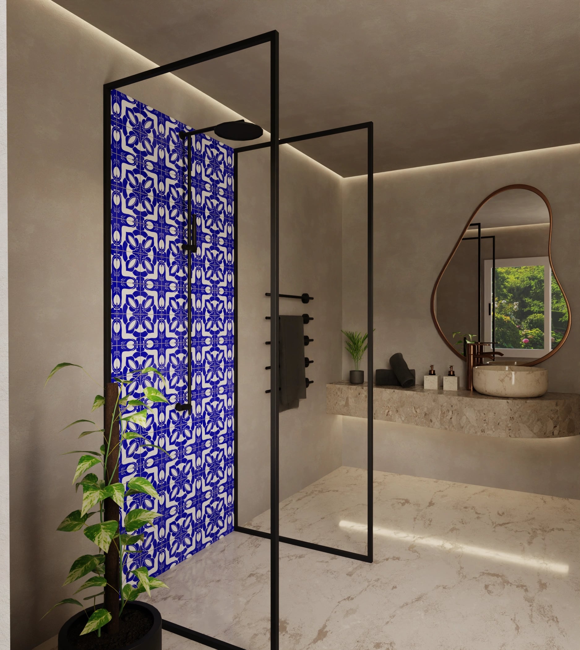 Duschrückwand - Azulejo Tiefblau Floral – Bild 2