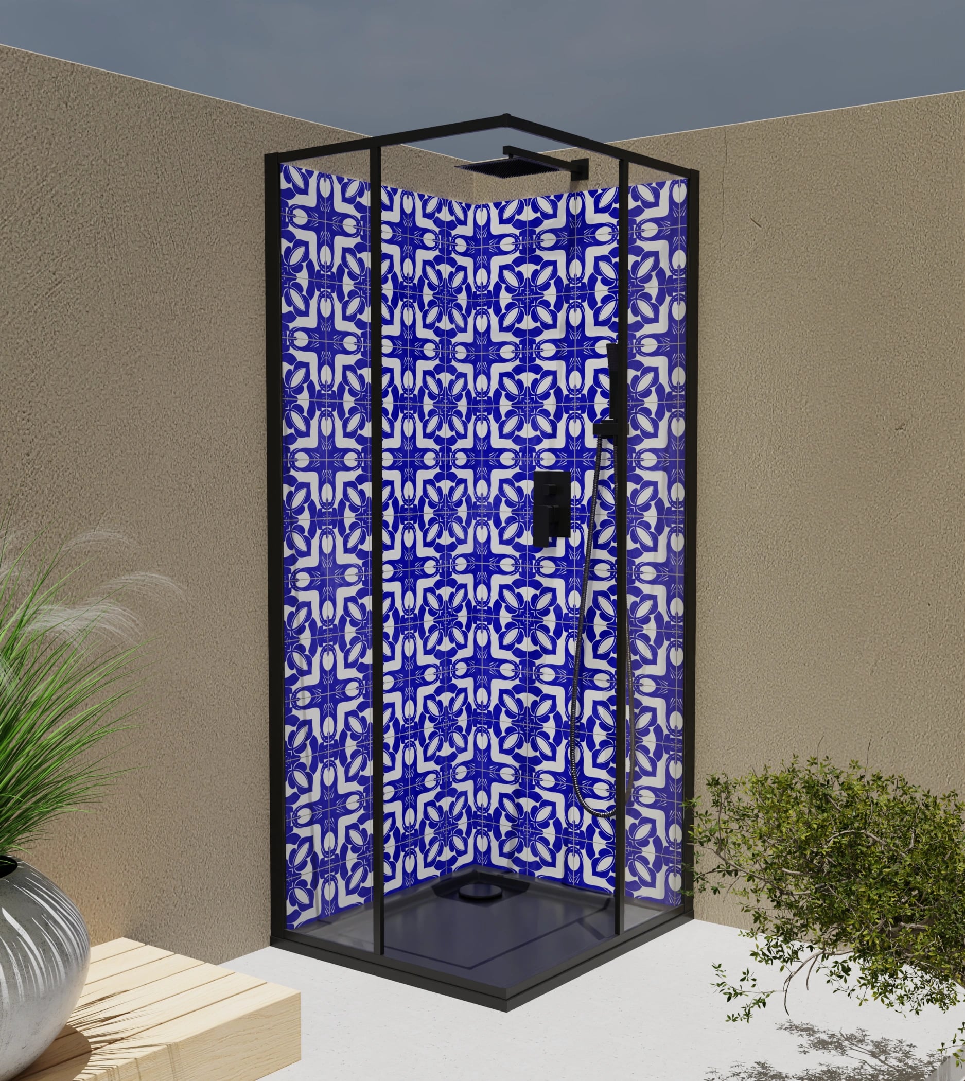 Duschrückwand - Azulejo Tiefblau Floral – Bild 4