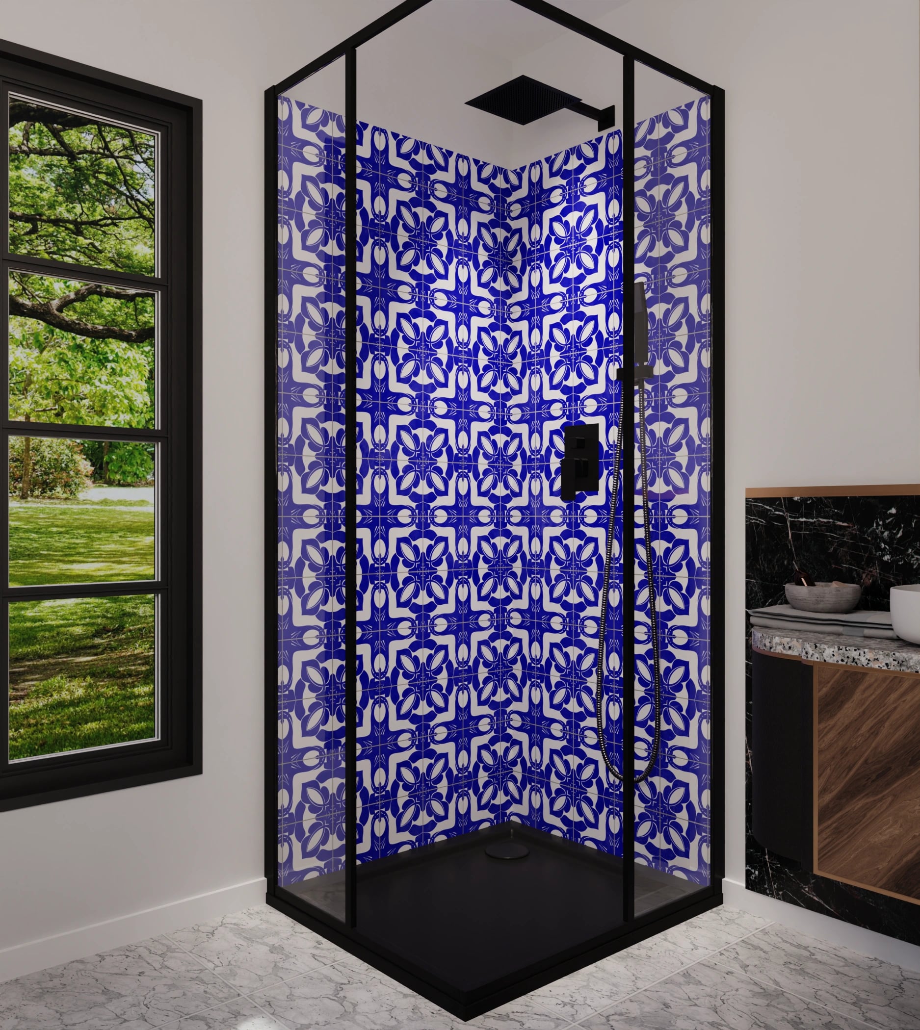 Duschrückwand - Azulejo Tiefblau Floral – Bild 5