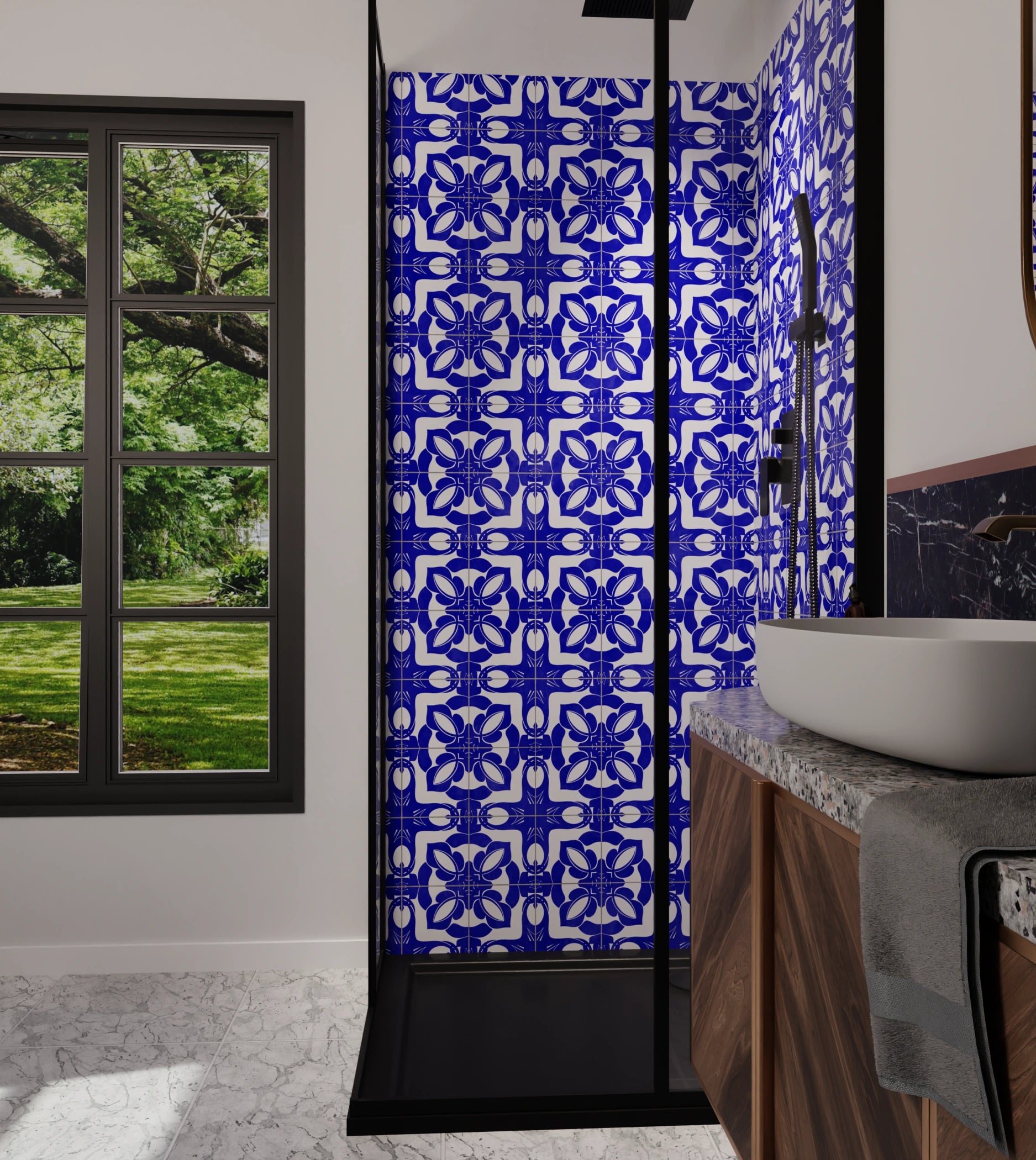 Duschrückwand - Azulejo Tiefblau Floral – Bild 6