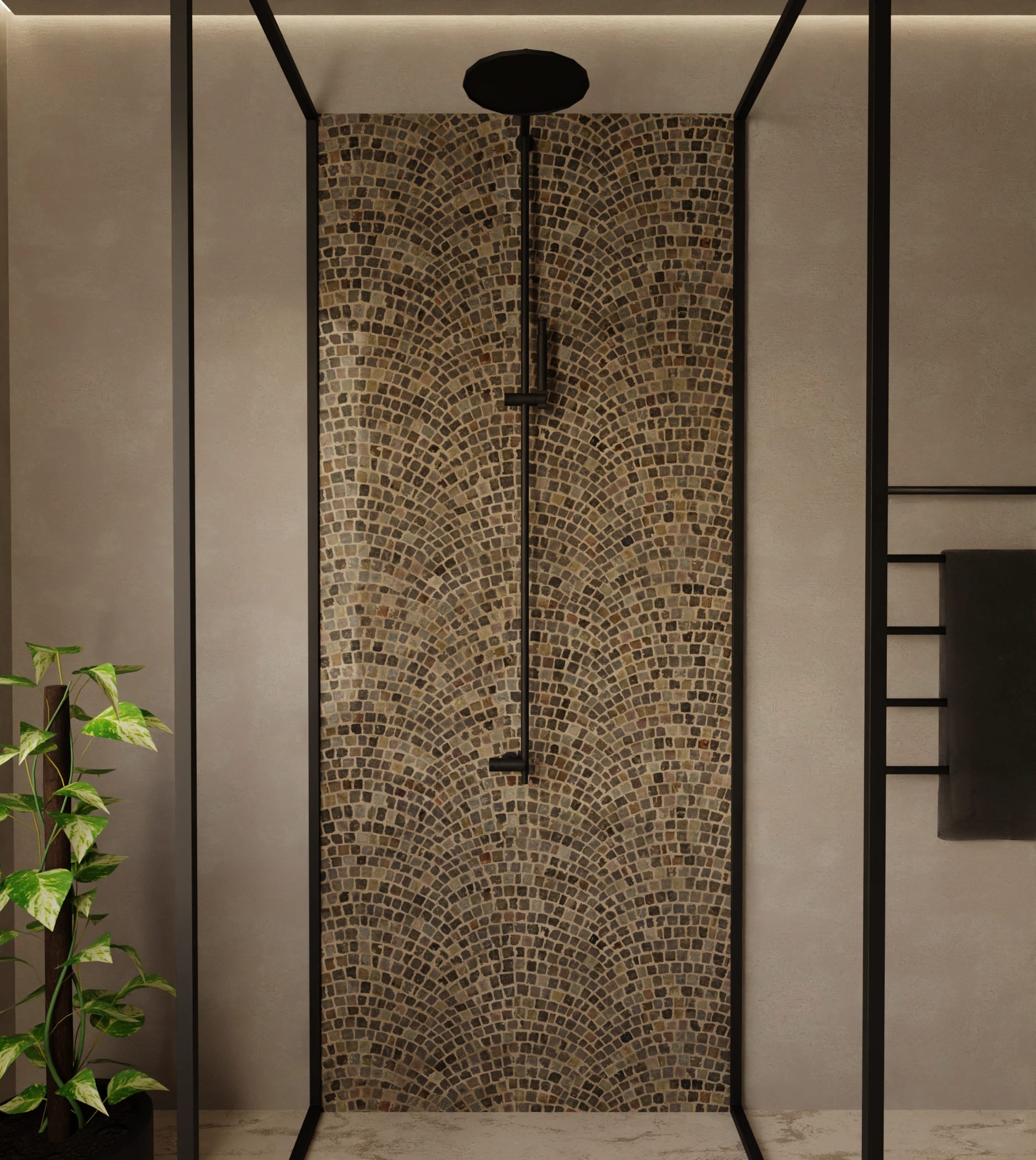 Duschrückwand - Pflastermosaik Fächer