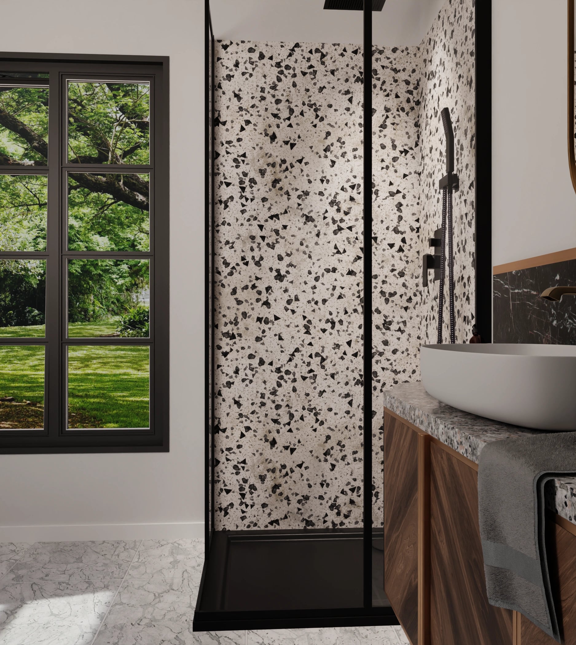 Duschrückwand - Terrazzo Schwarz-Weiß – Bild 6