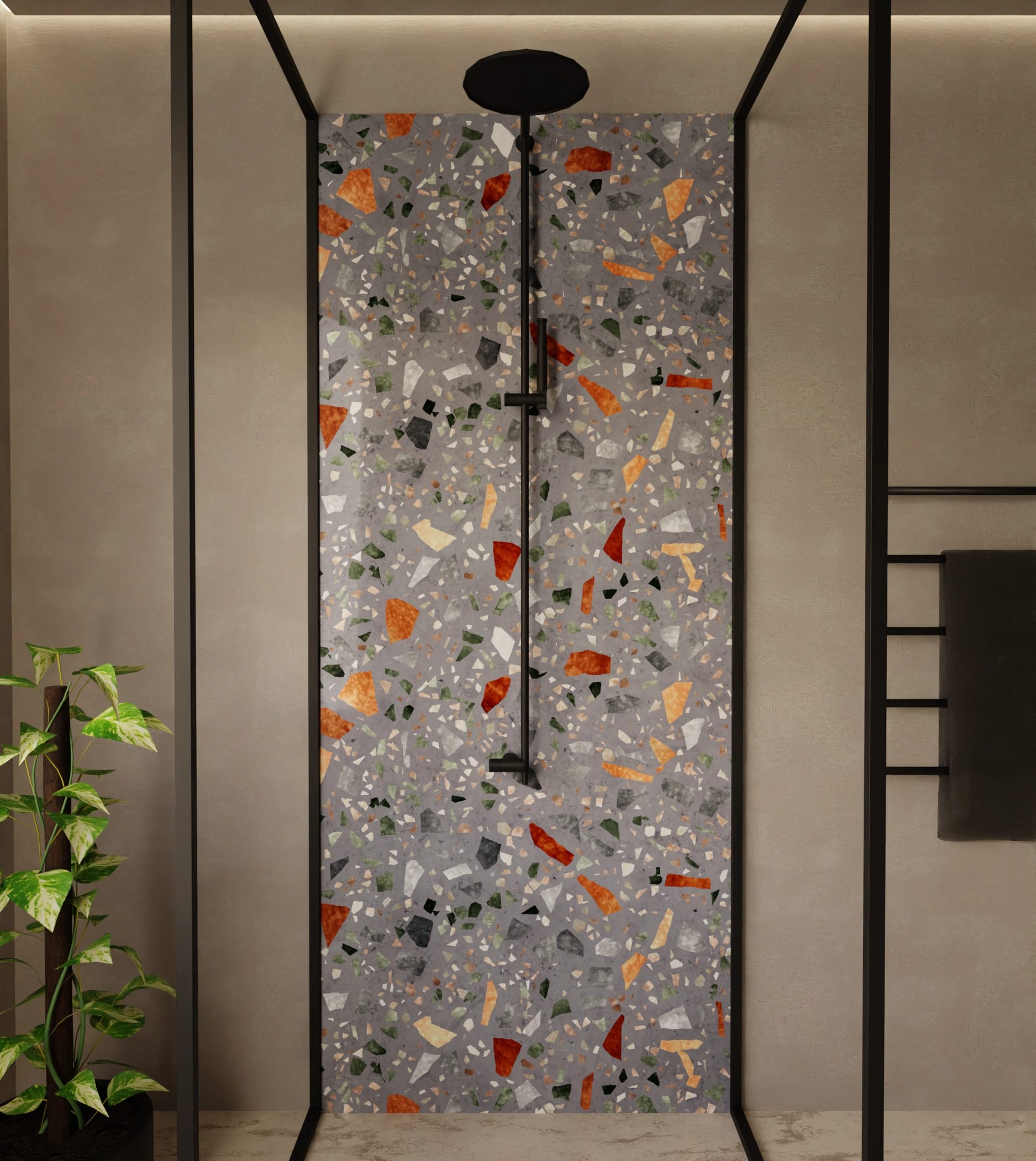 Duschrückwand - Terrazzo Grau-Orange