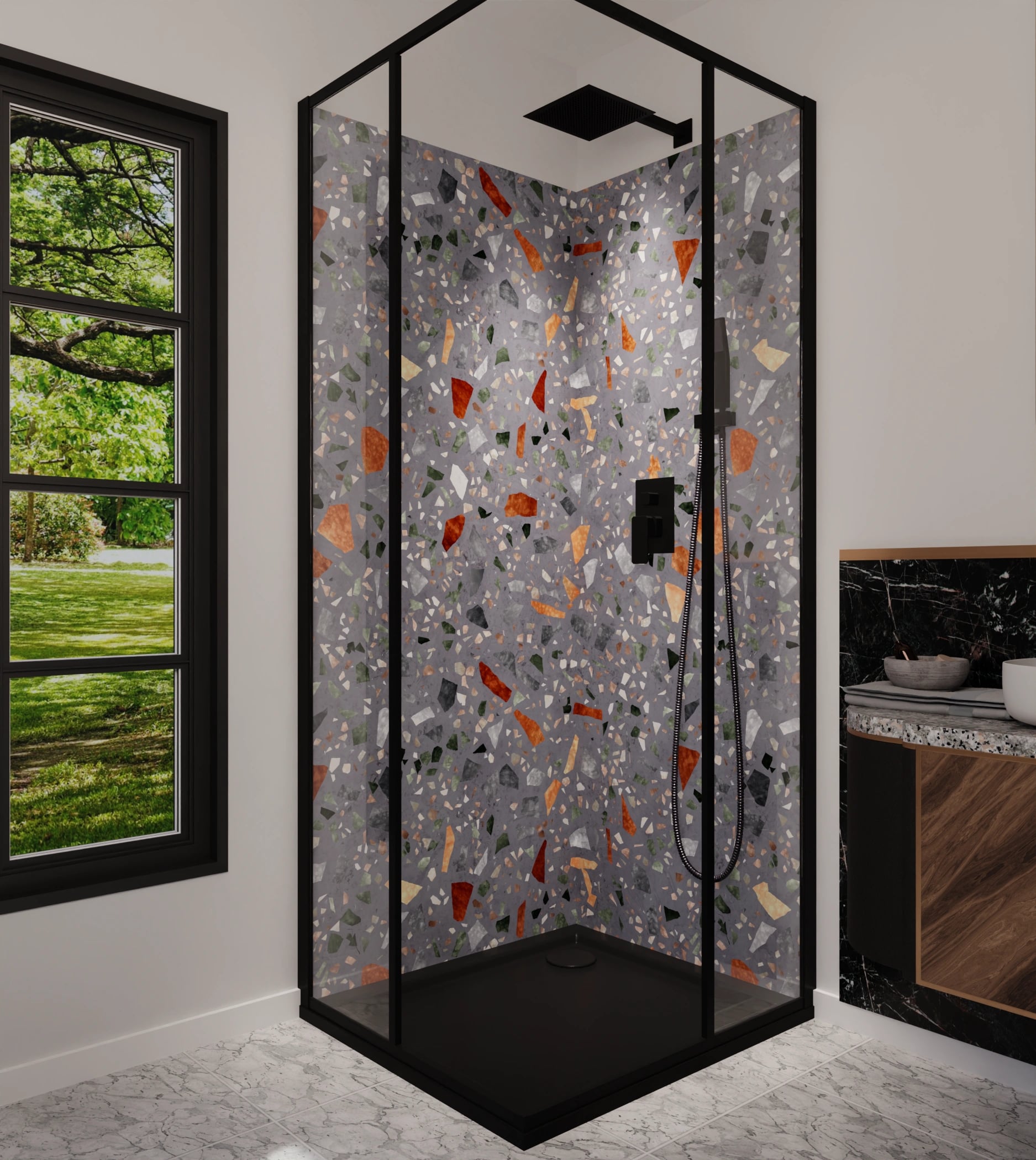 Duschrückwand - Terrazzo Grau-Orange – Bild 5