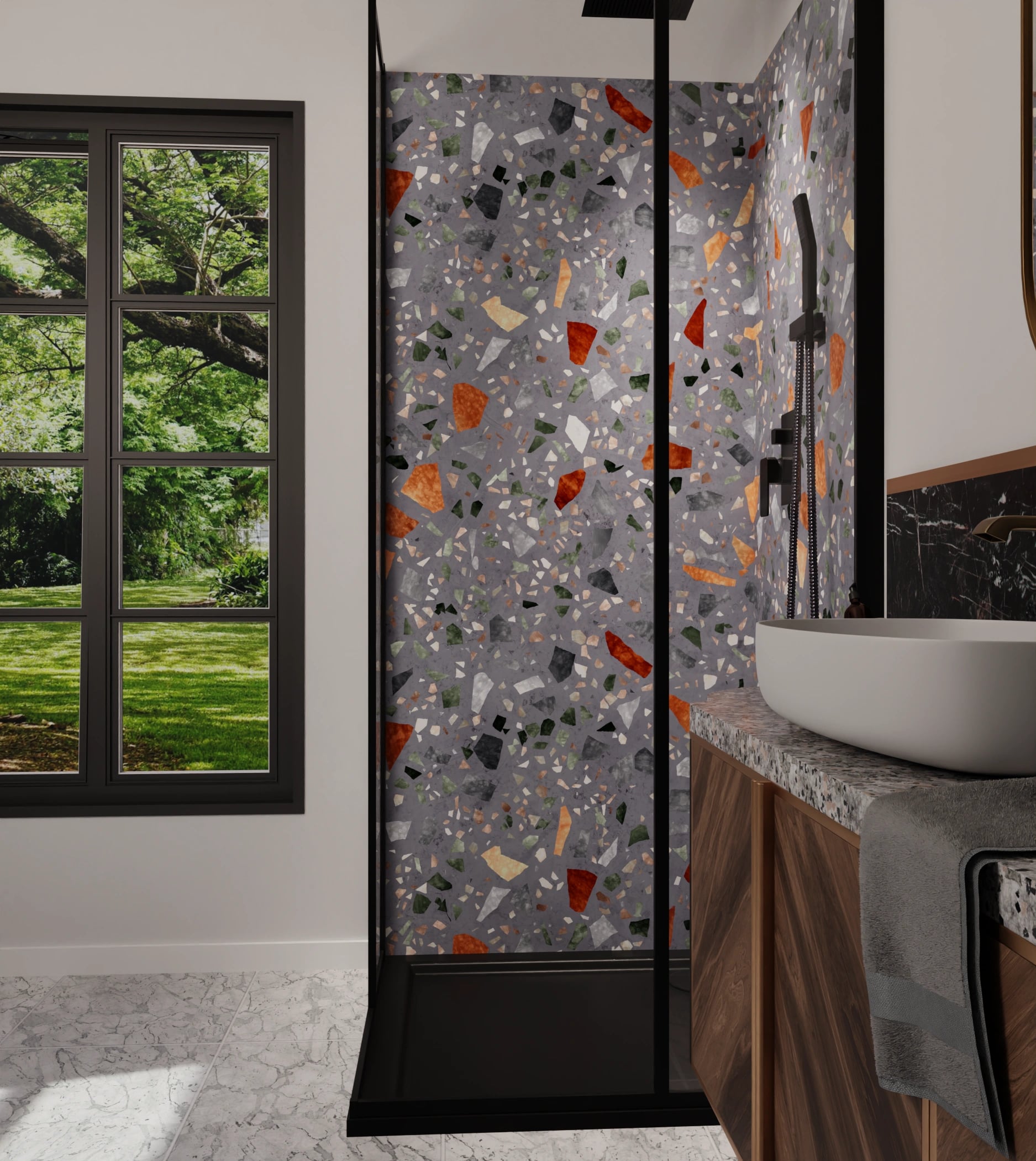 Duschrückwand - Terrazzo Grau-Orange – Bild 6
