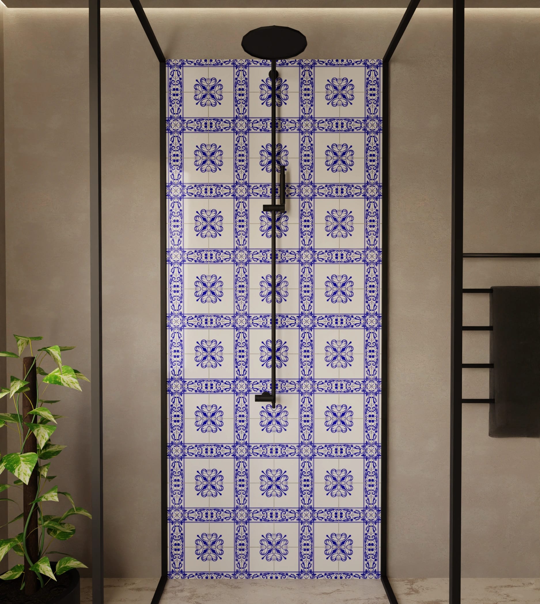 Duschrückwand - Azulejo Rahmen Kobalt