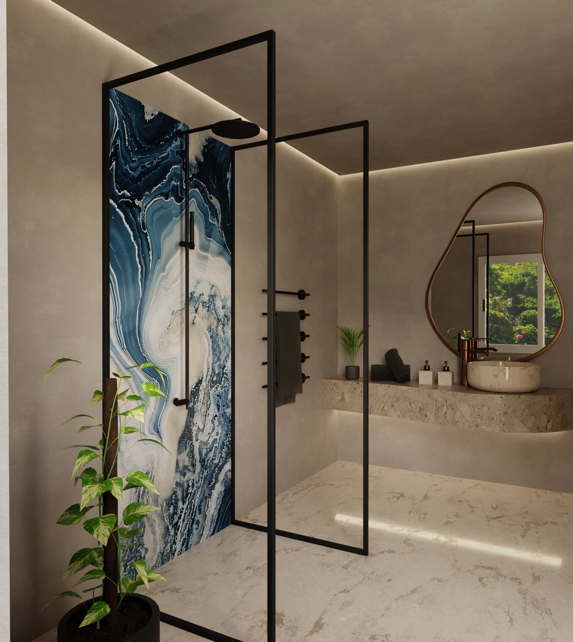 Duschrückwand - Onyx-Marmor Blau-Sand – Bild 2