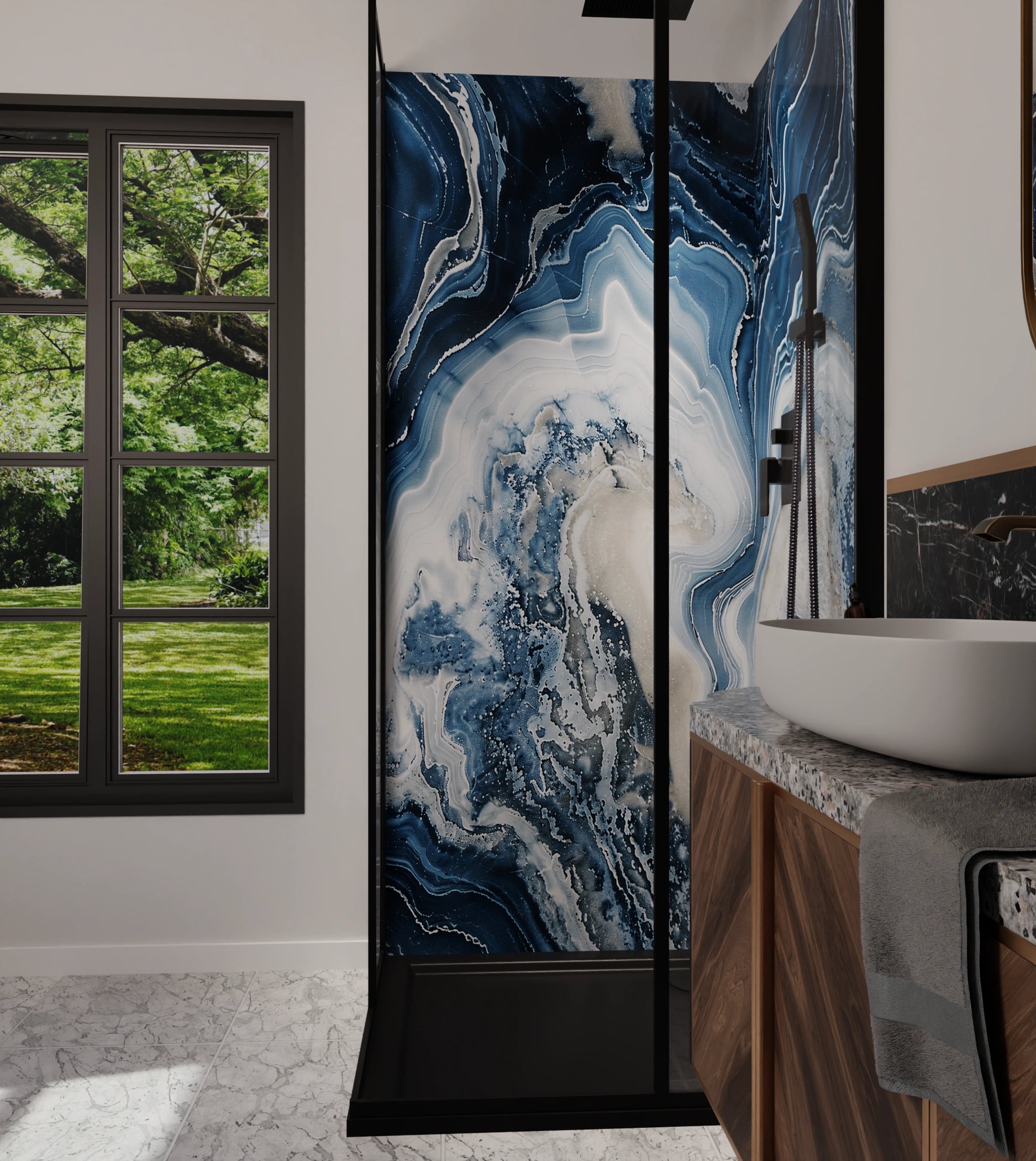 Duschrückwand - Onyx-Marmor Blau-Sand – Bild 6
