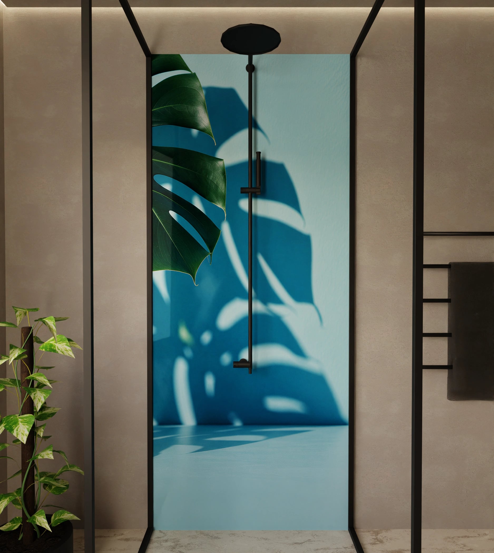 Duschrückwand - Monstera Hellblau Minimal – Bild 1