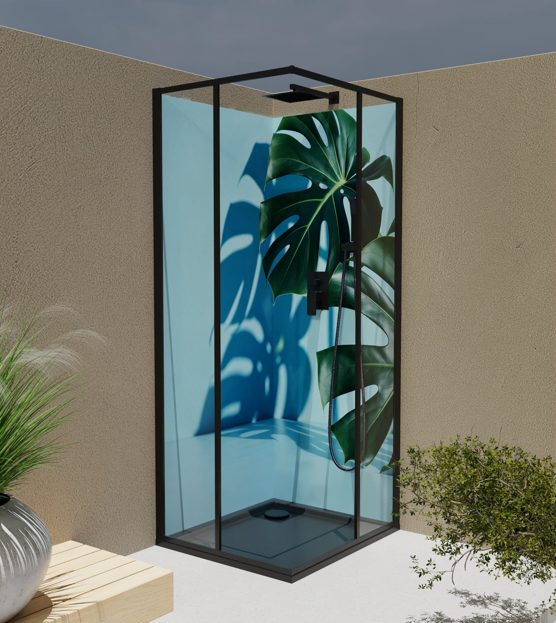 Duschrückwand - Monstera Hellblau Minimal – Bild 4
