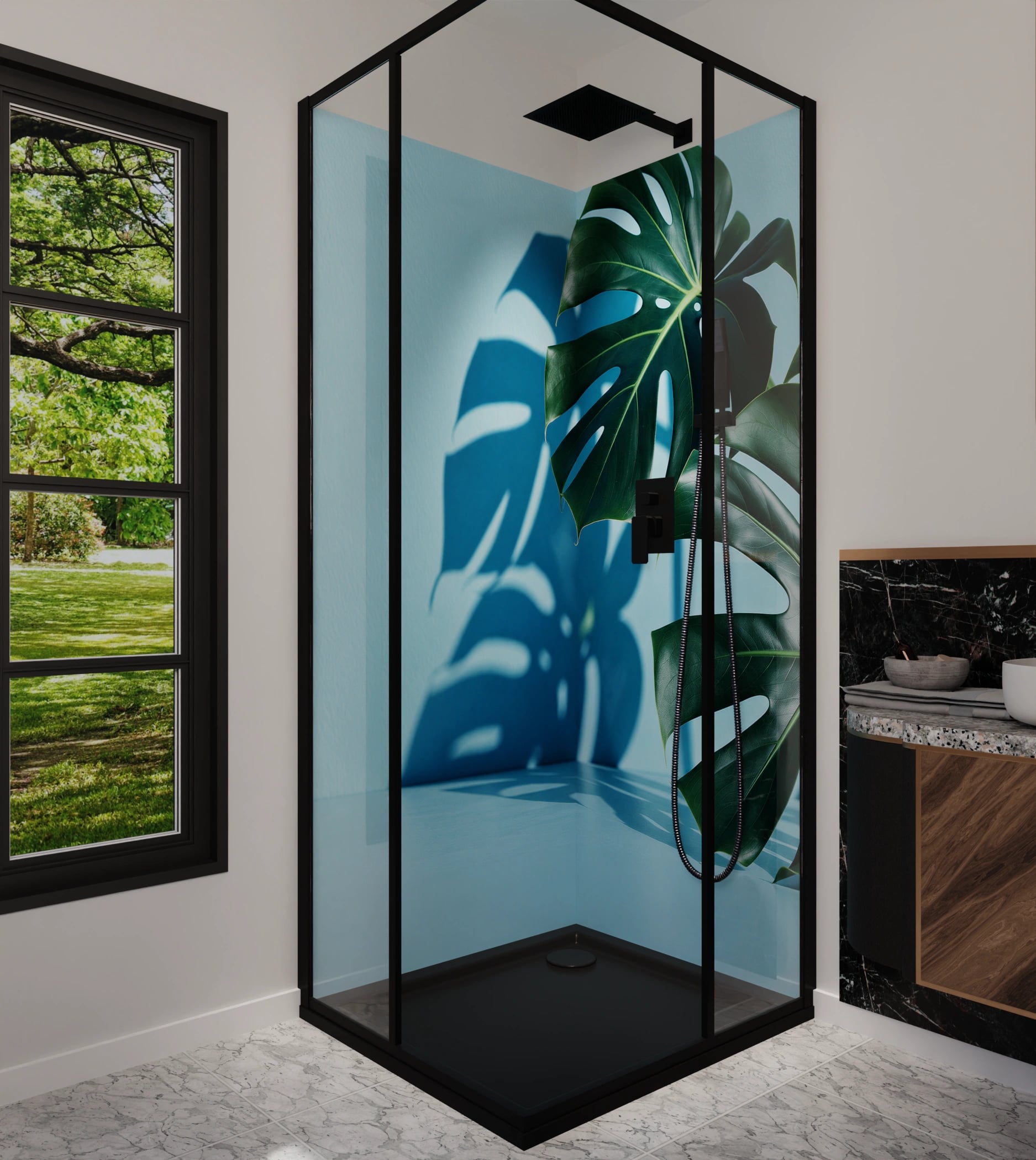 Duschrückwand - Monstera Hellblau Minimal – Bild 5