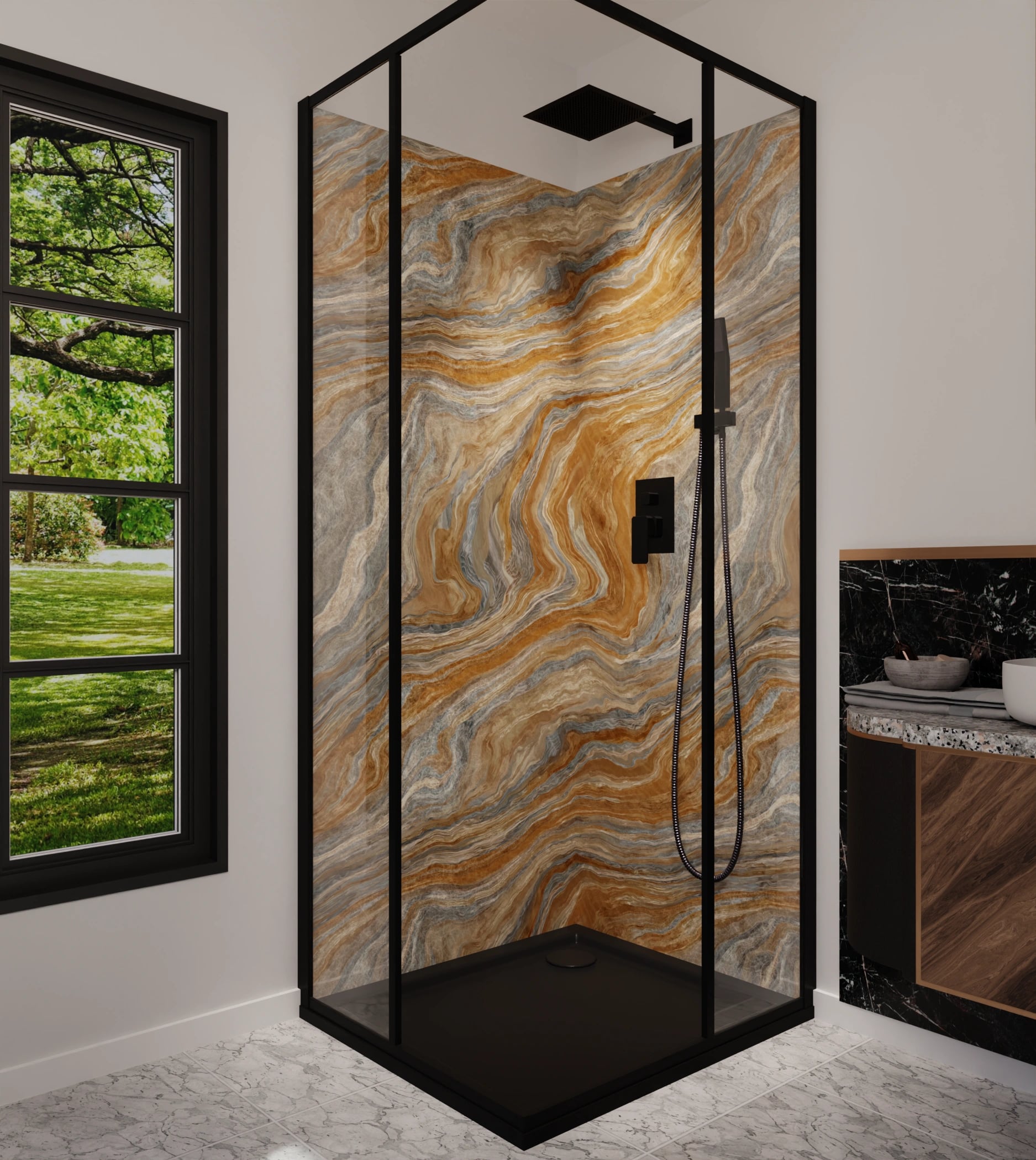 Duschrückwand - Onyx Gold-Blaugrau – Bild 5