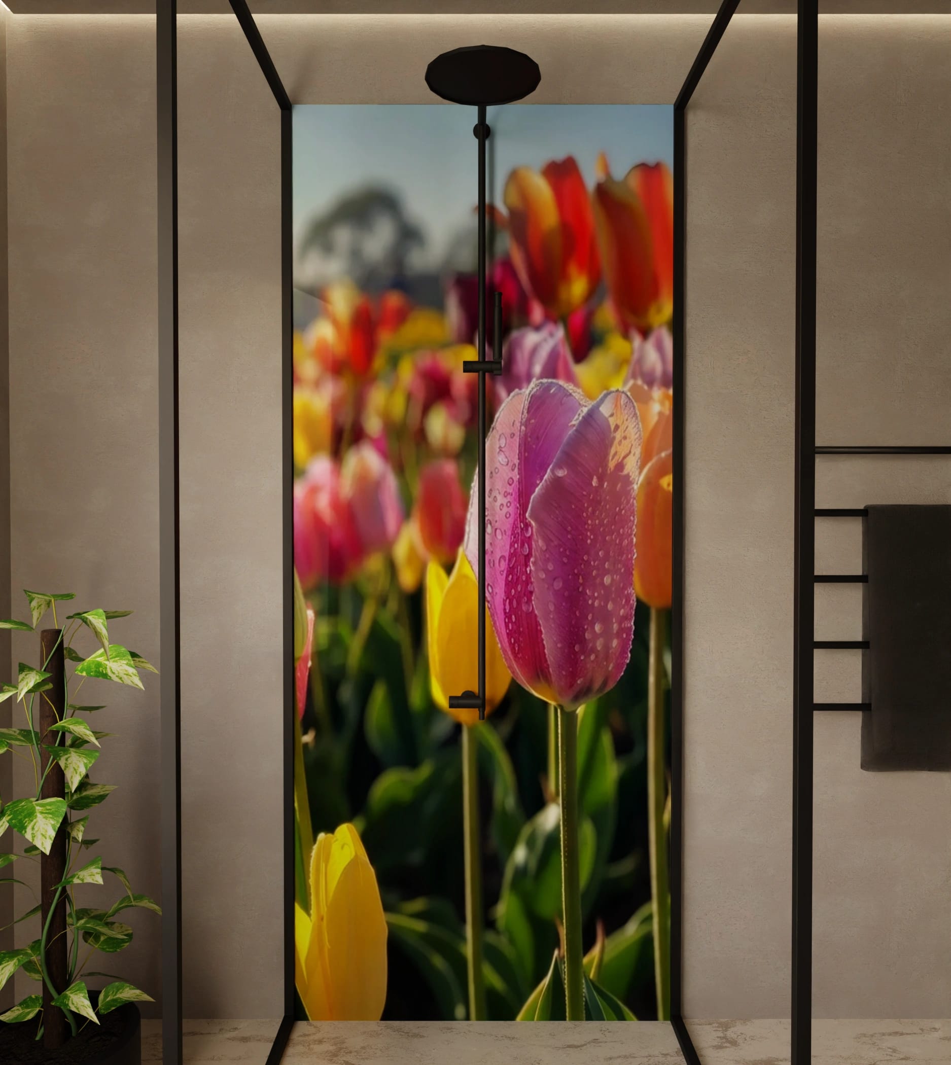Duschrückwand - Tulpen Bunt Regentropfen