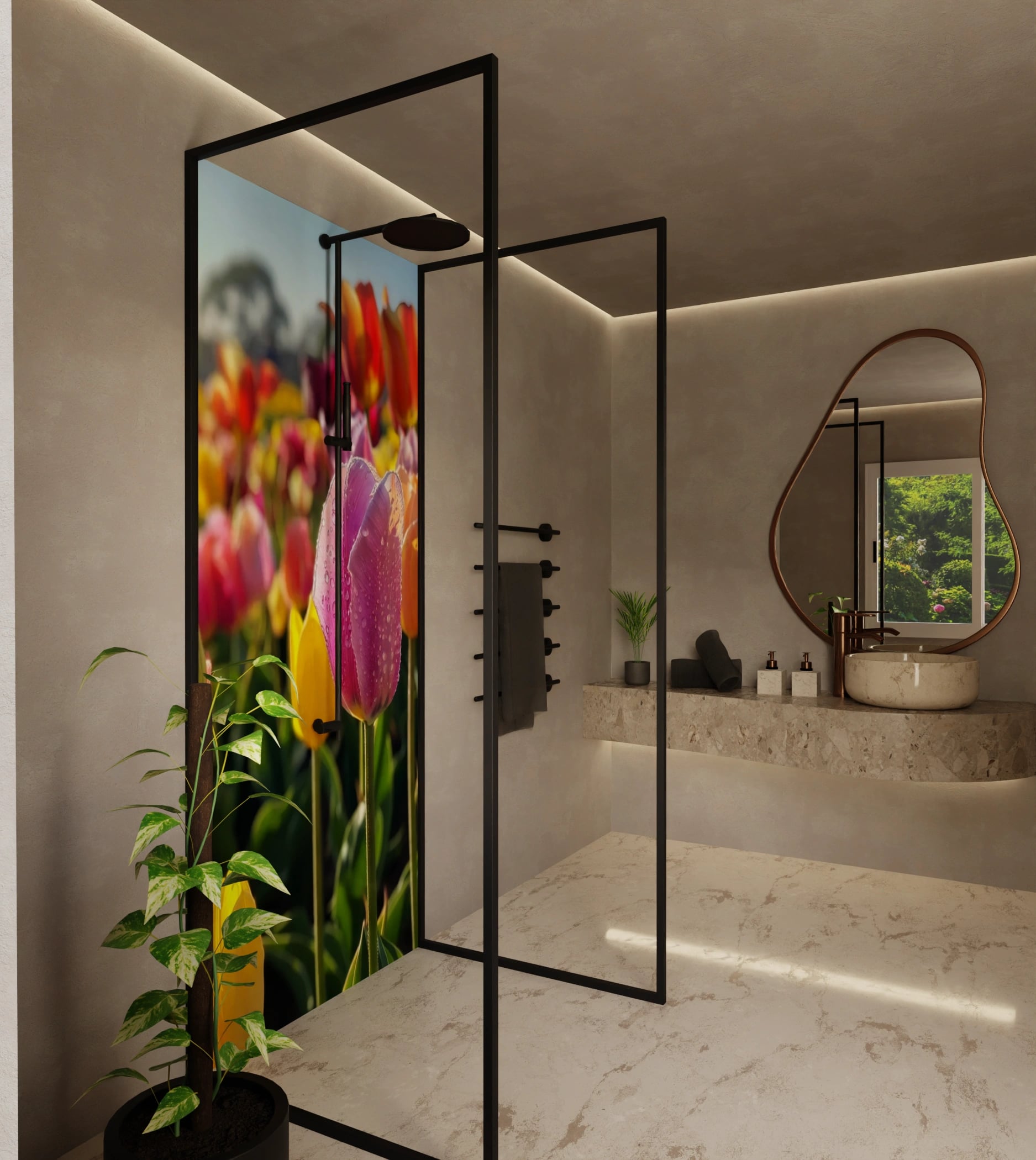 Duschrückwand - Tulpen Bunt Regentropfen – Bild 2