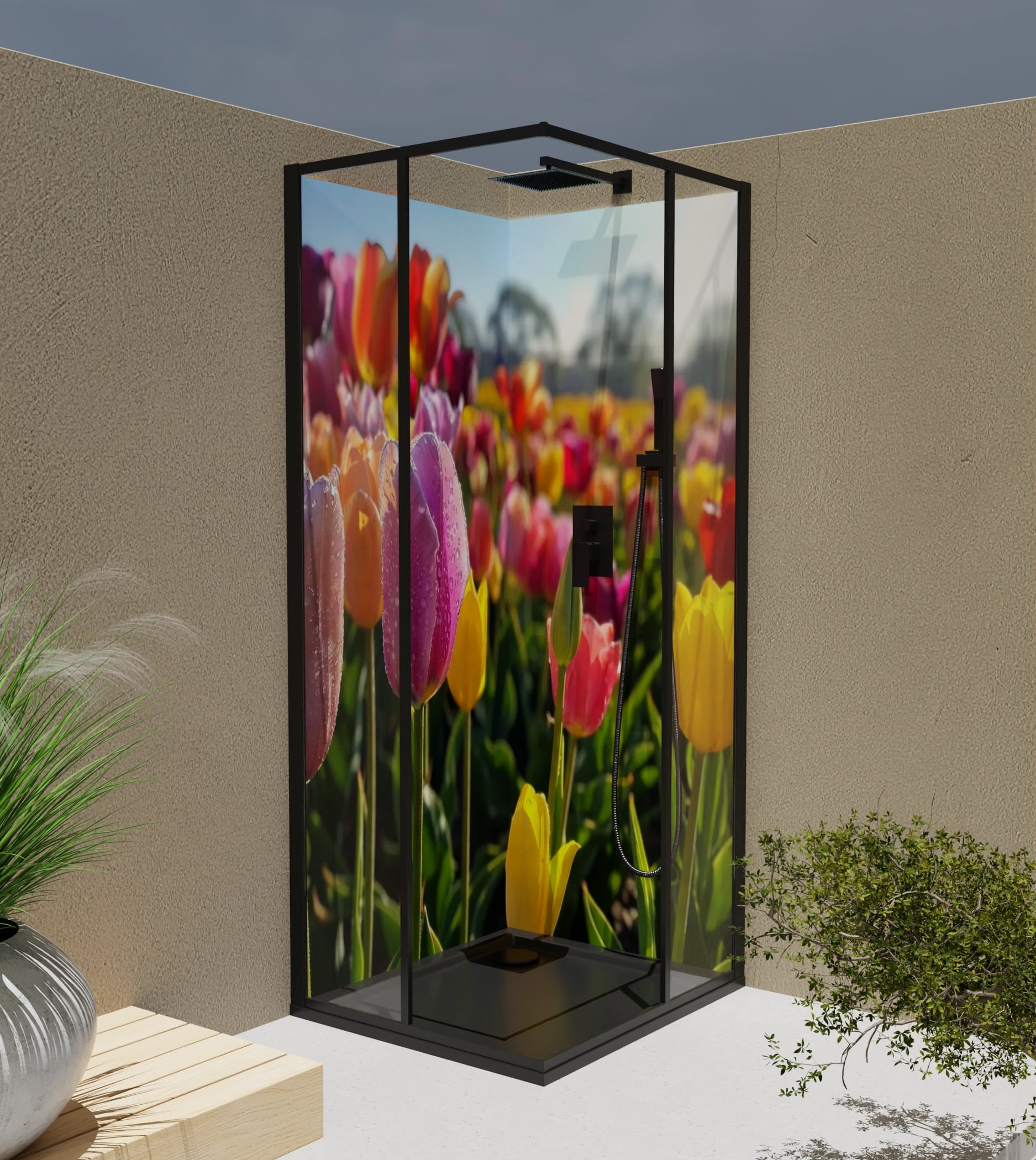 Duschrückwand - Tulpen Bunt Regentropfen – Bild 4