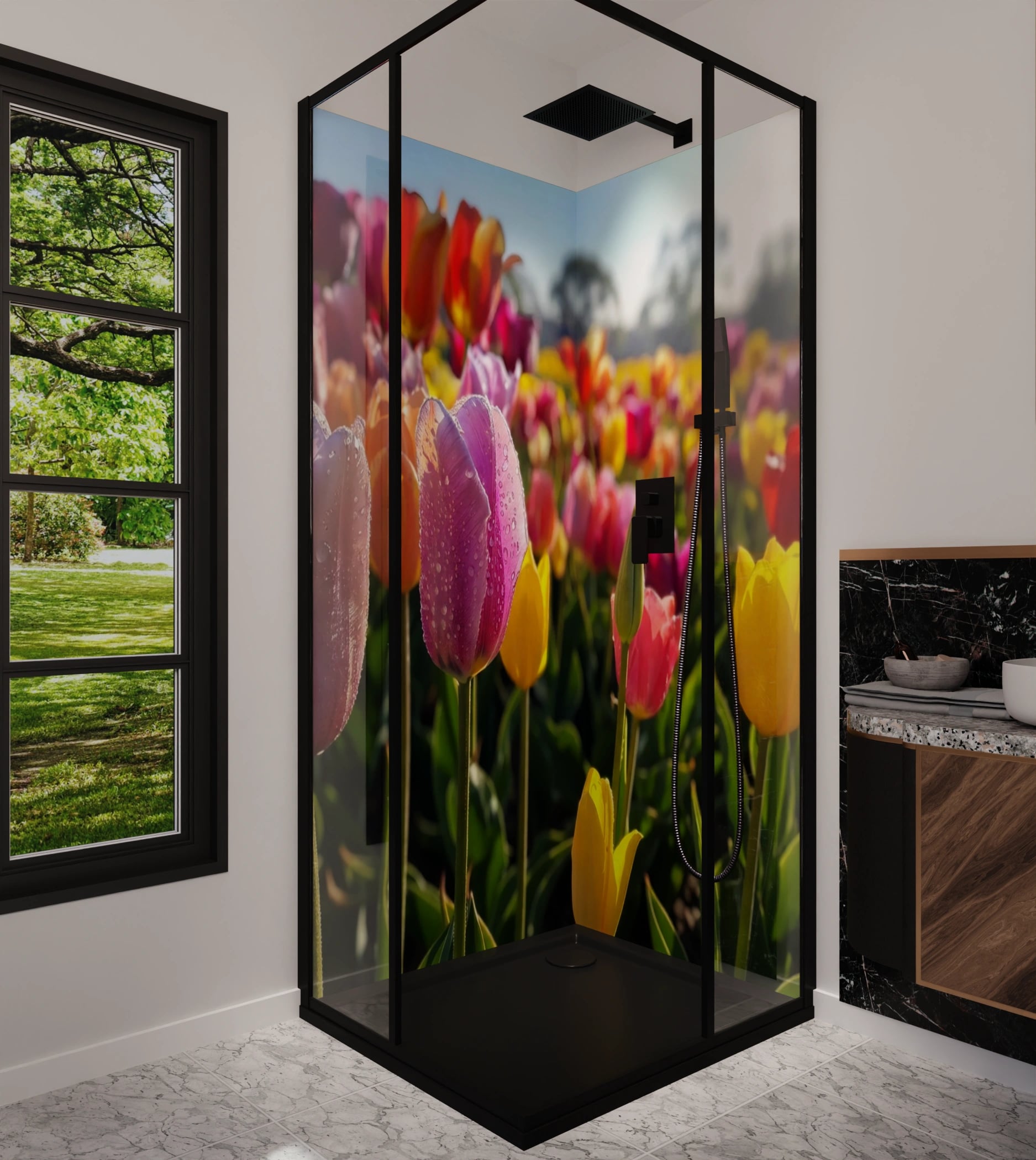 Duschrückwand - Tulpen Bunt Regentropfen – Bild 5