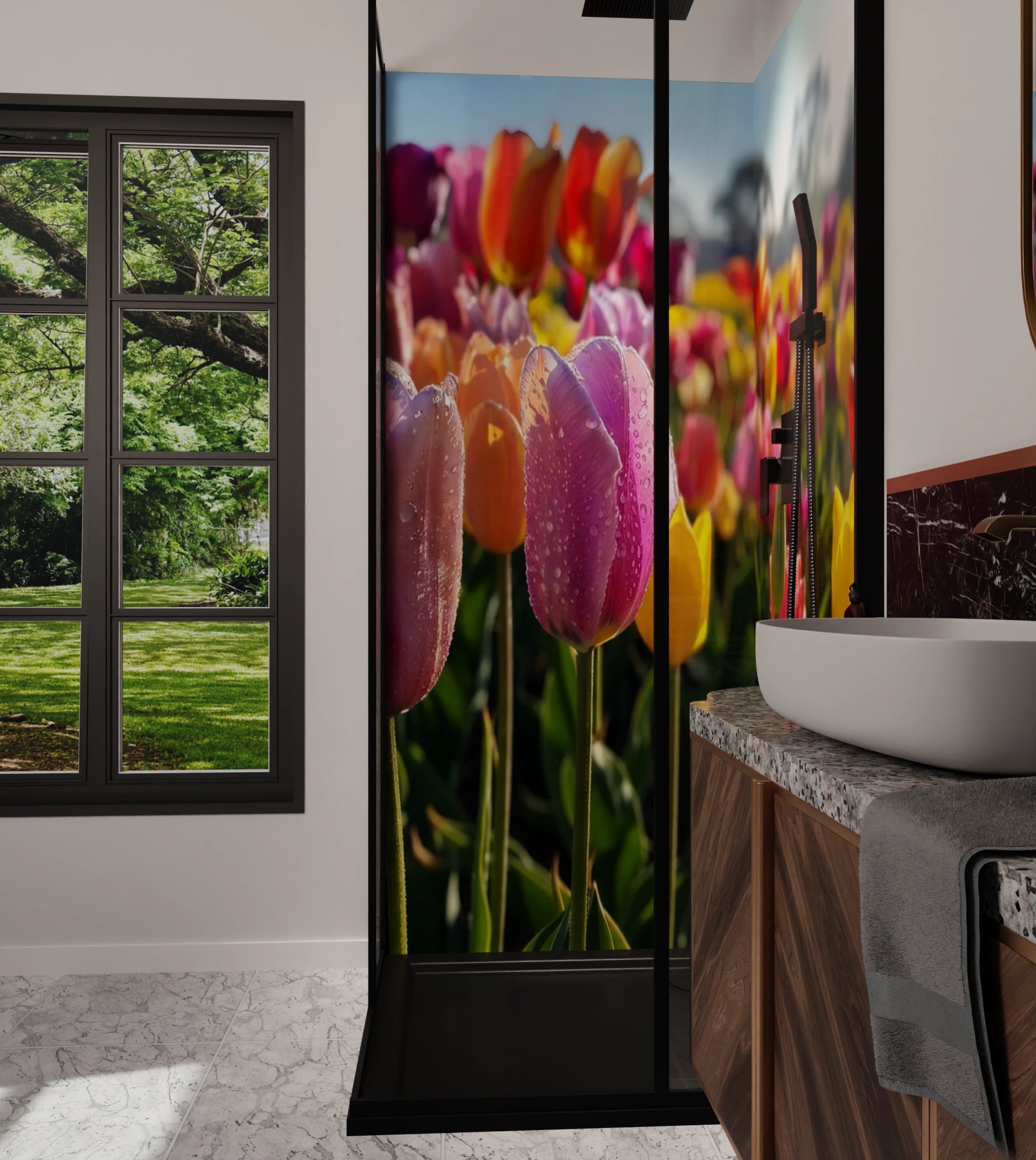 Duschrückwand - Tulpen Bunt Regentropfen – Bild 6