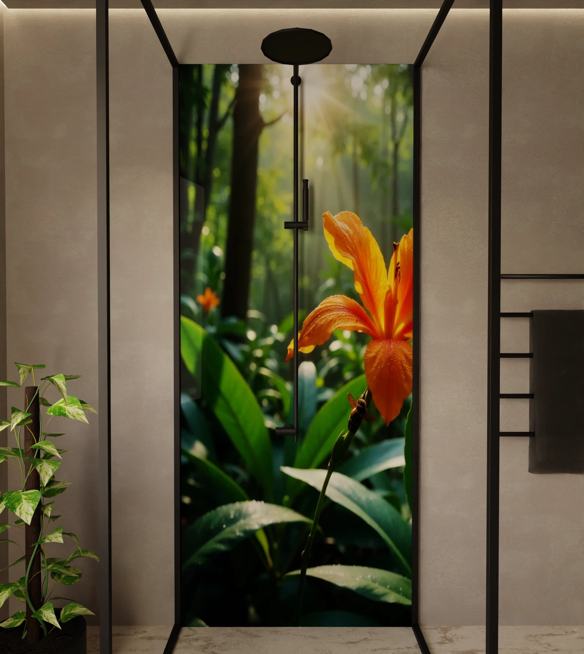 Duschrückwand - Tropenblüte Orange Wald – Bild 1
