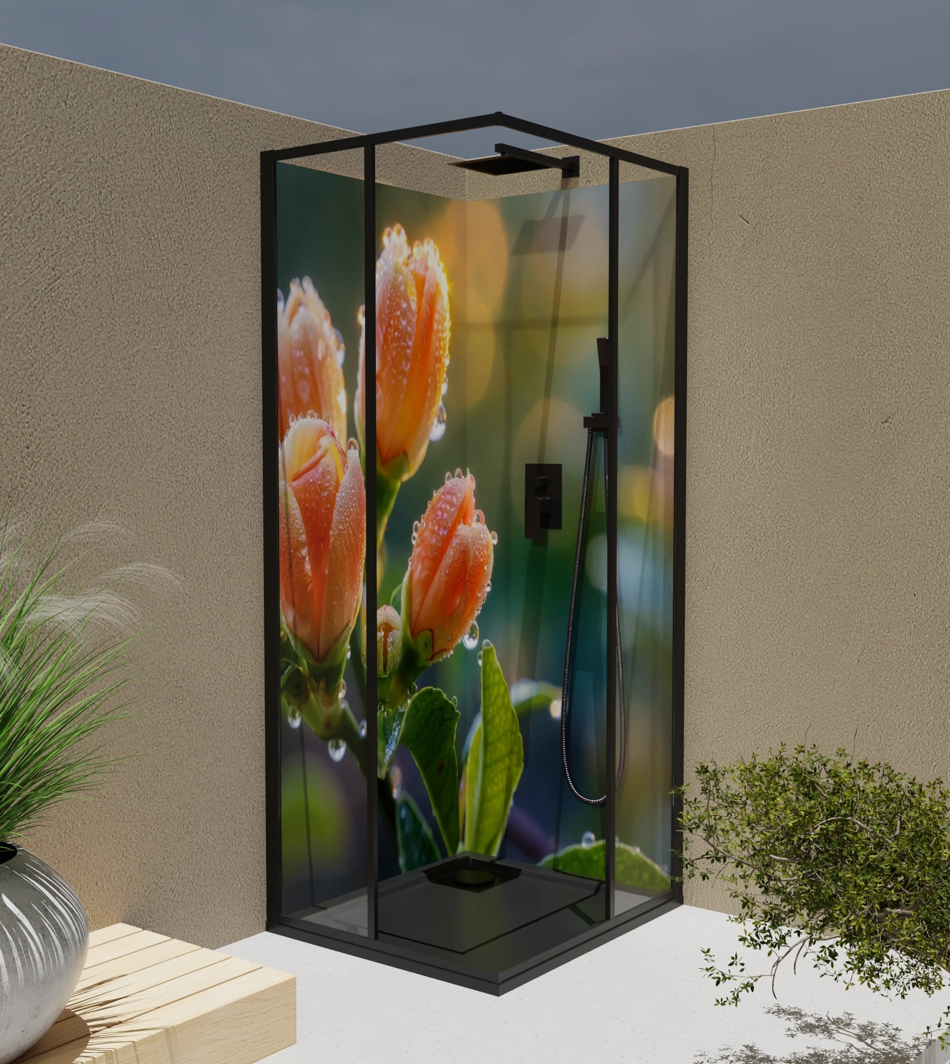 Duschrückwand - Rosenknospen Pfirsich Tau – Bild 4