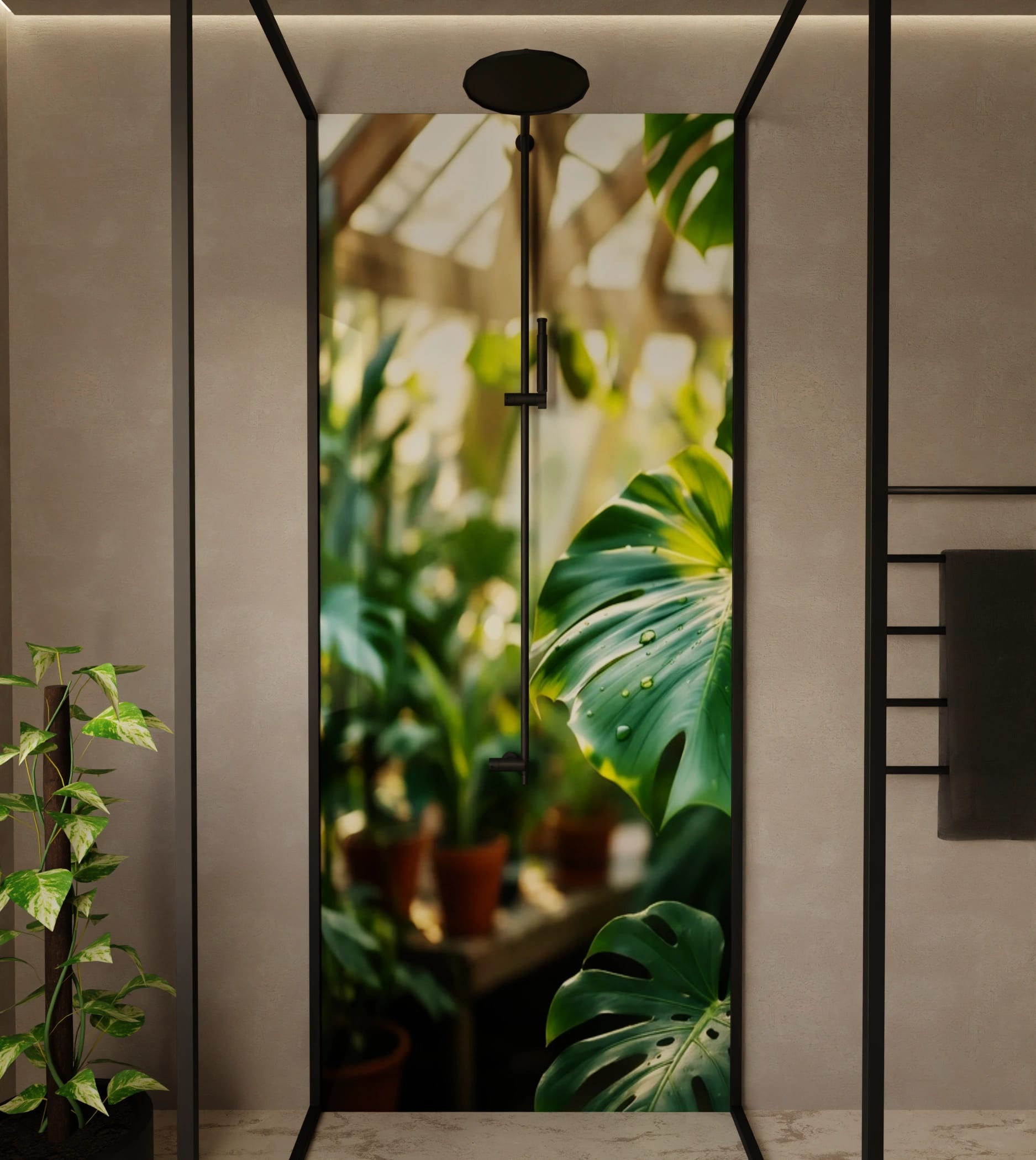 Duschrückwand - Monstera Gewächshaus Sonnenlicht