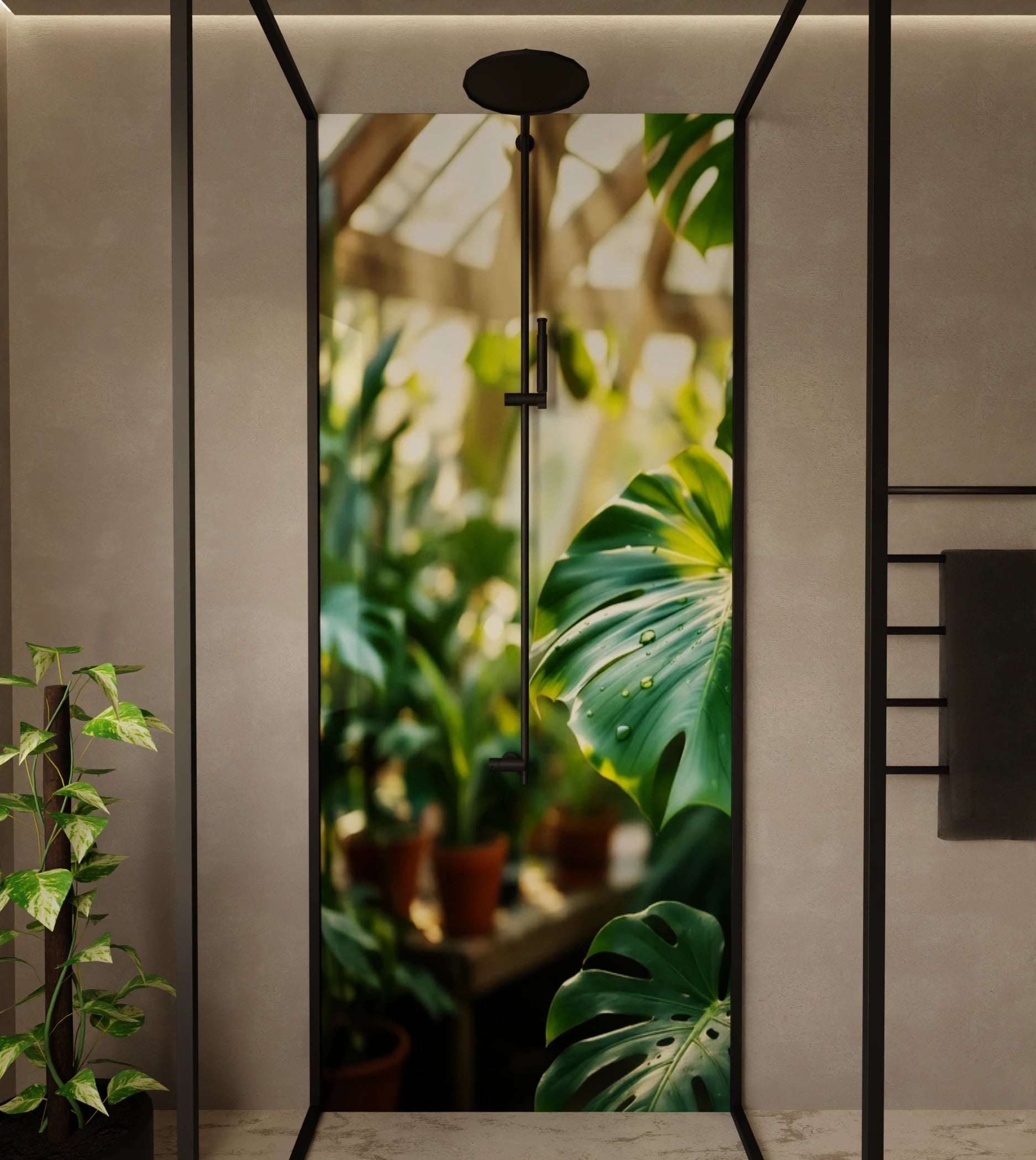 Duschrückwand - Monstera Gewächshaus Sonnenlicht – Bild 1