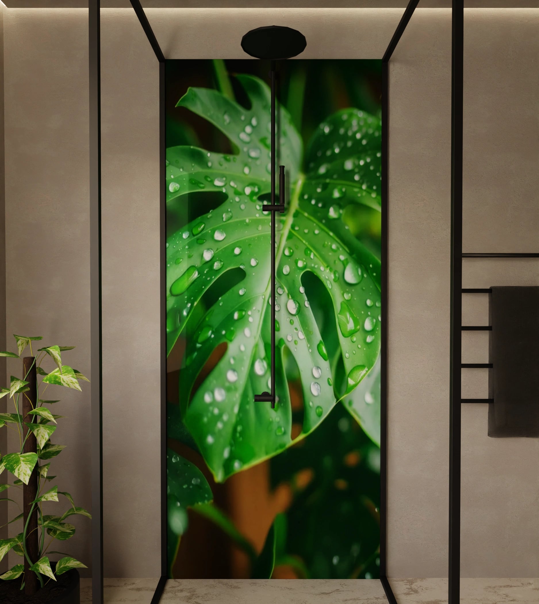 Duschrückwand - Monstera Blatt Regentropfen – Bild 1