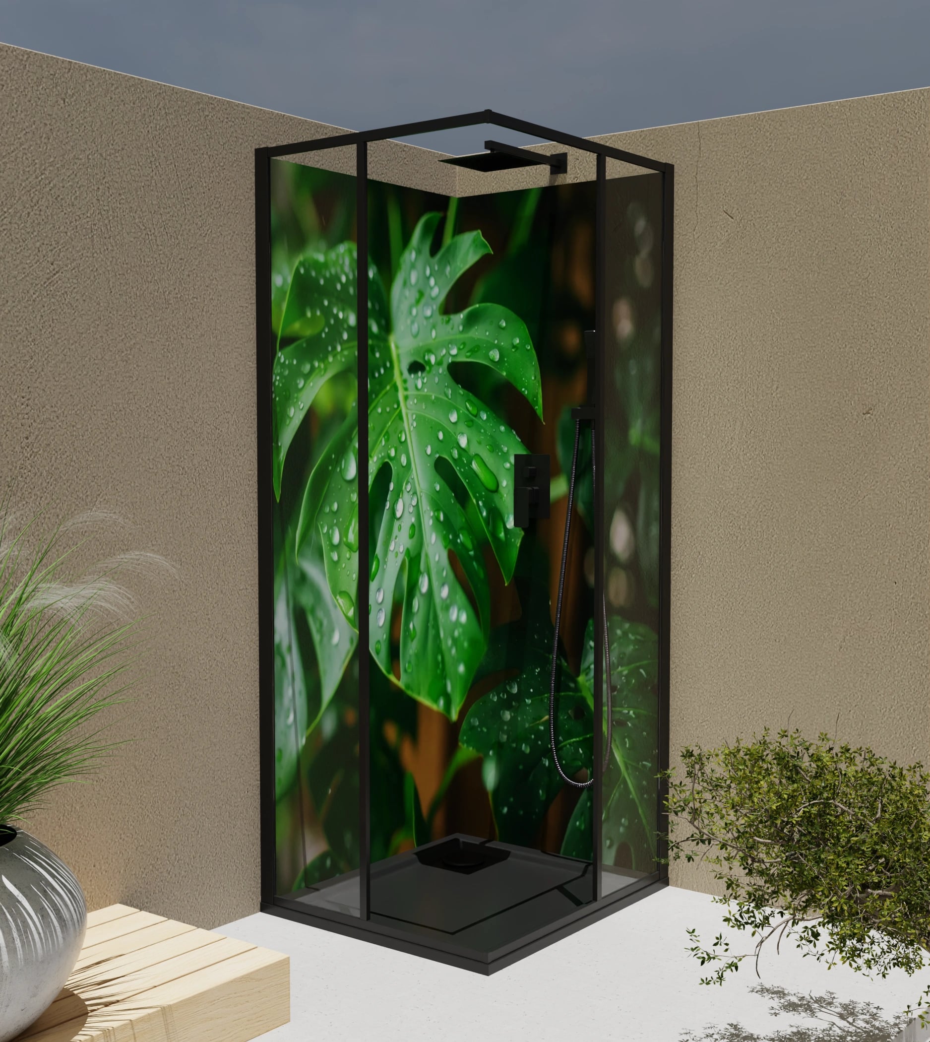 Duschrückwand - Monstera Blatt Regentropfen – Bild 4