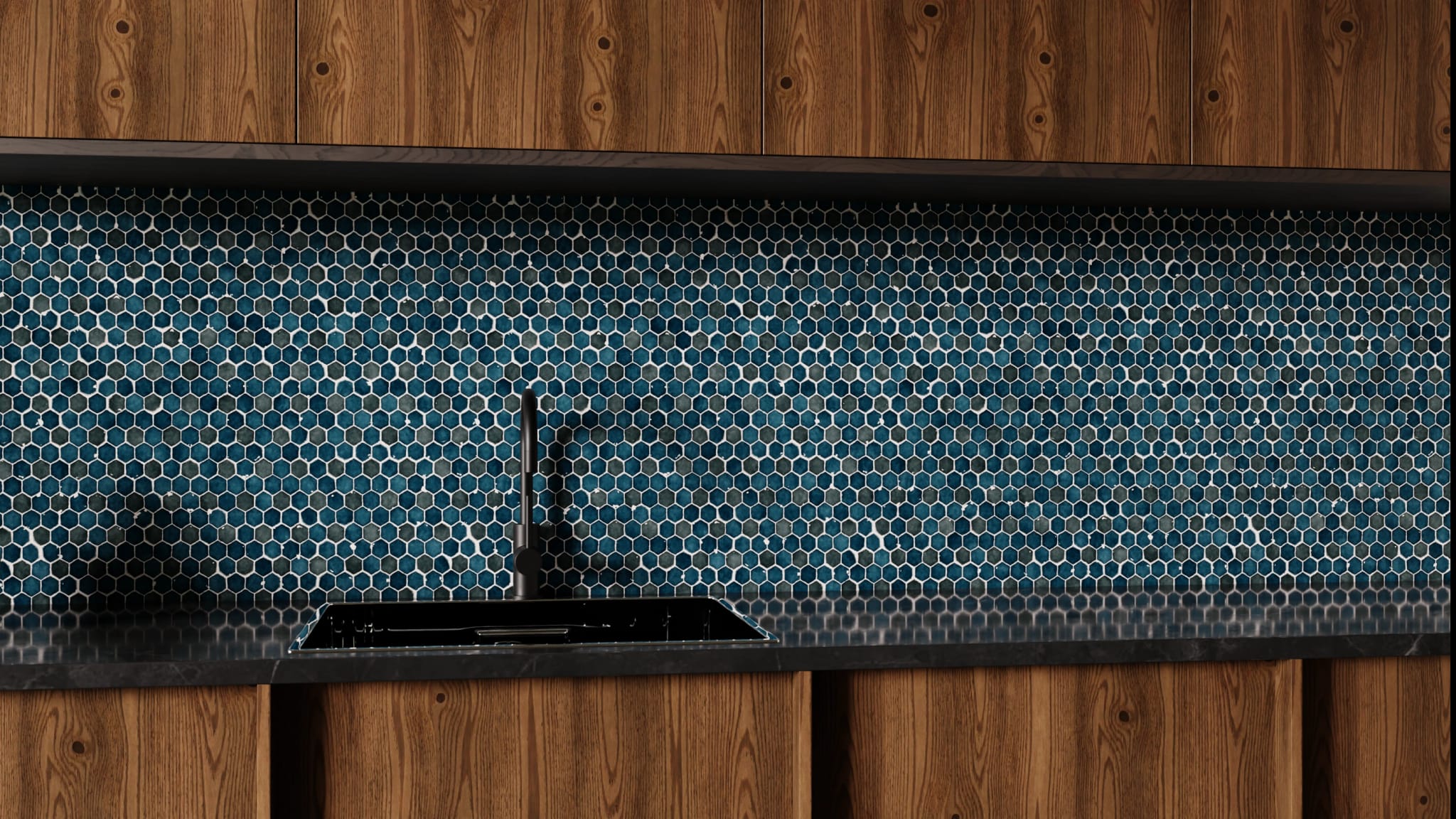 Küchenrückwand - Hexagon-Mosaik Tiefblau
