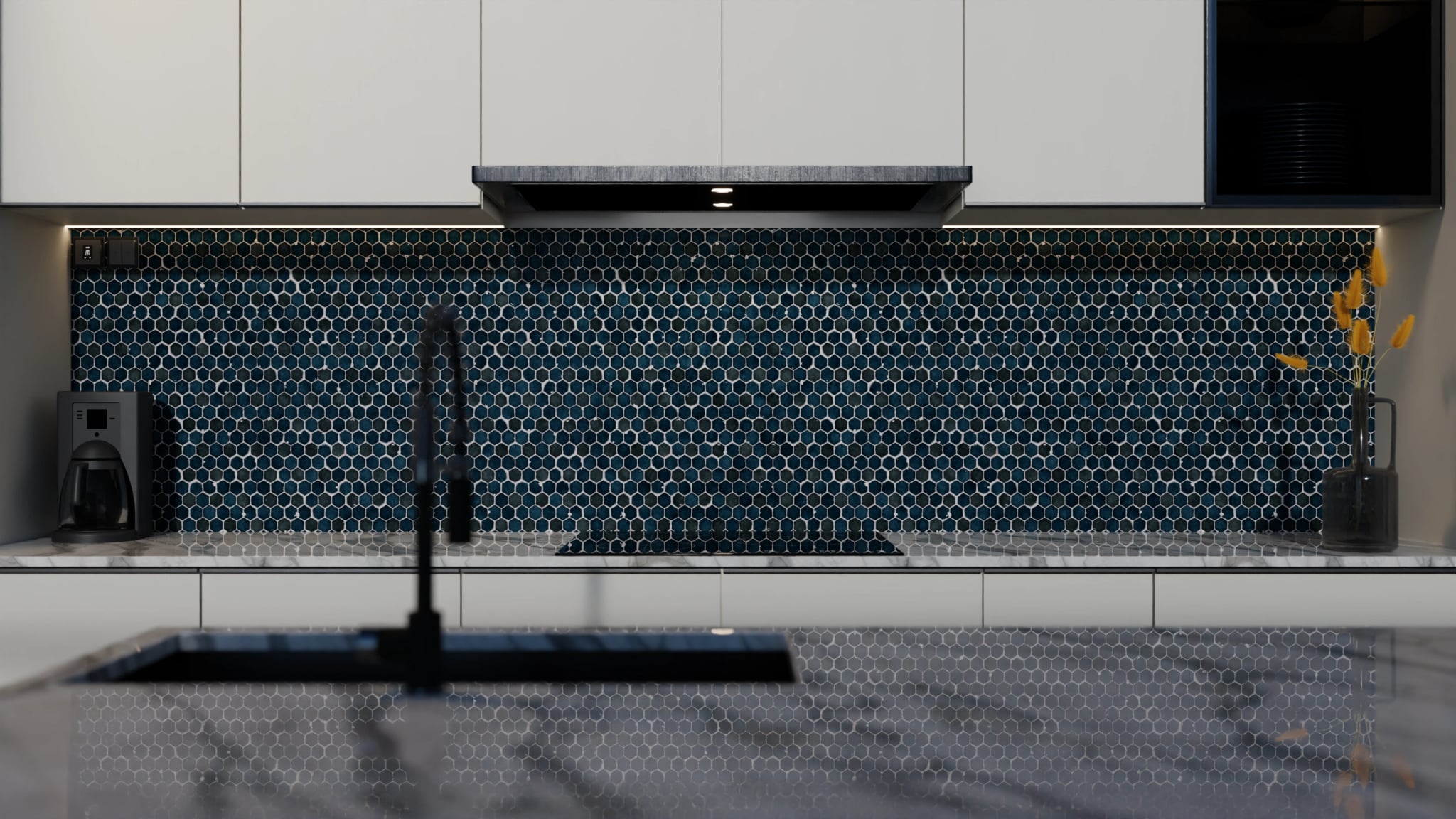 Küchenrückwand - Hexagon-Mosaik Tiefblau – Bild 4
