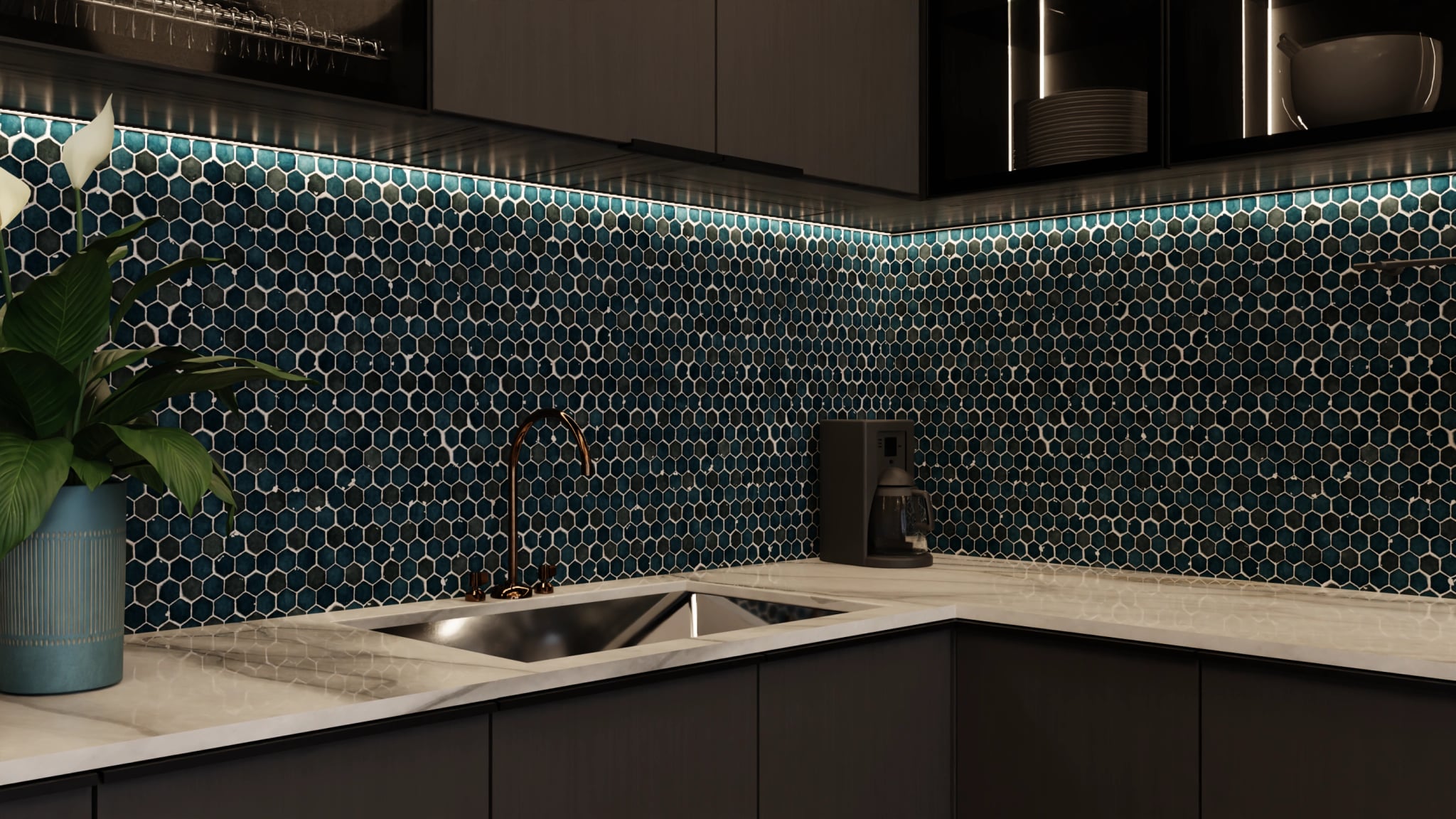 Küchenrückwand - Hexagon-Mosaik Tiefblau – Bild 5