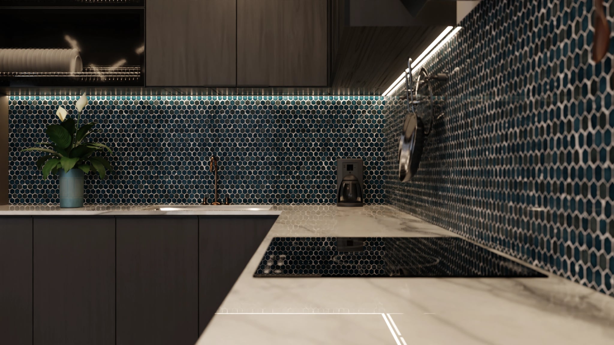 Küchenrückwand - Hexagon-Mosaik Tiefblau – Bild 6